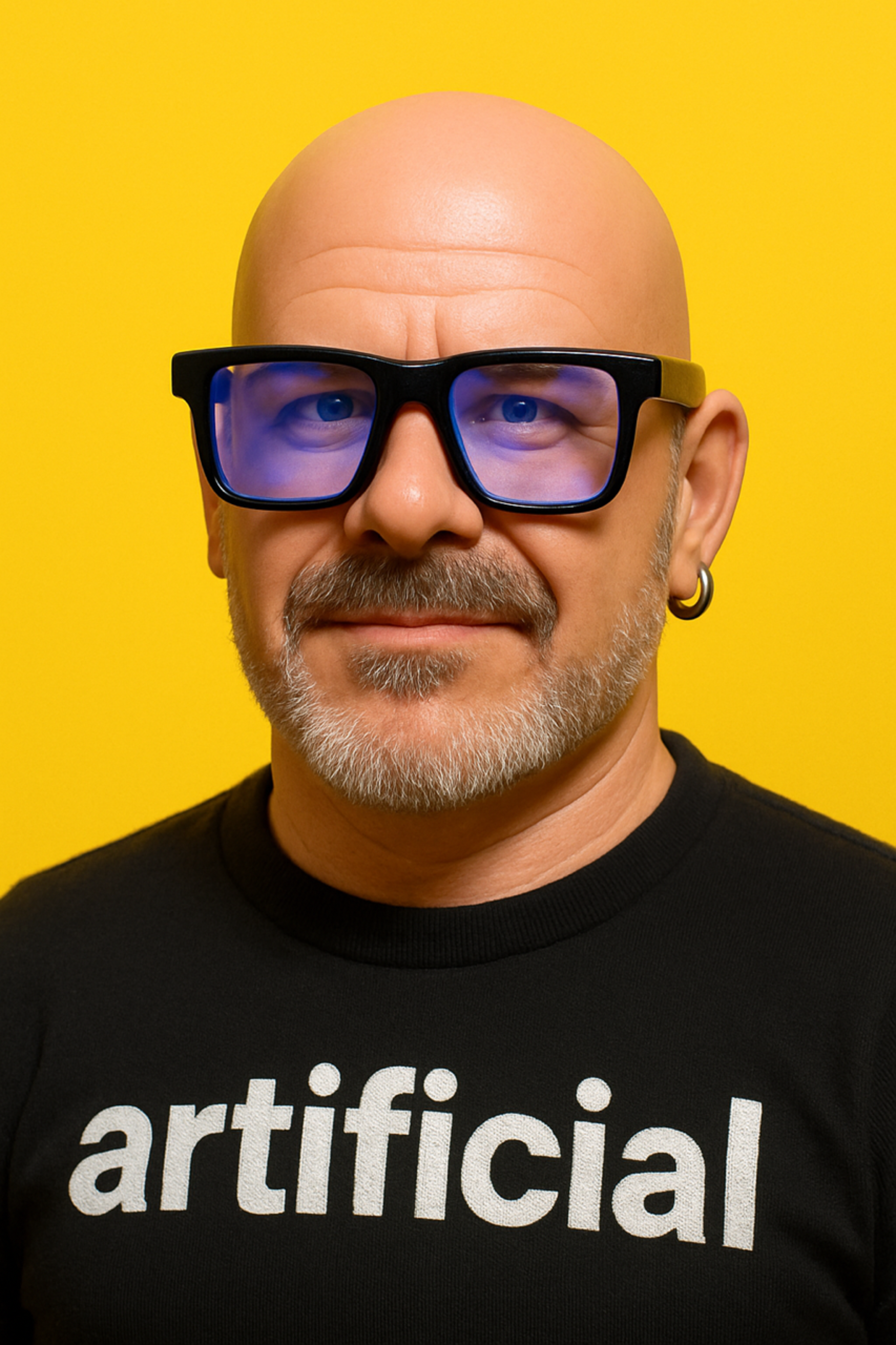 A bald man with a gray beard wears large blue-tinted glasses, a black shirt with "artificial" printed on it, and a small hoop earring, against a yellow background.