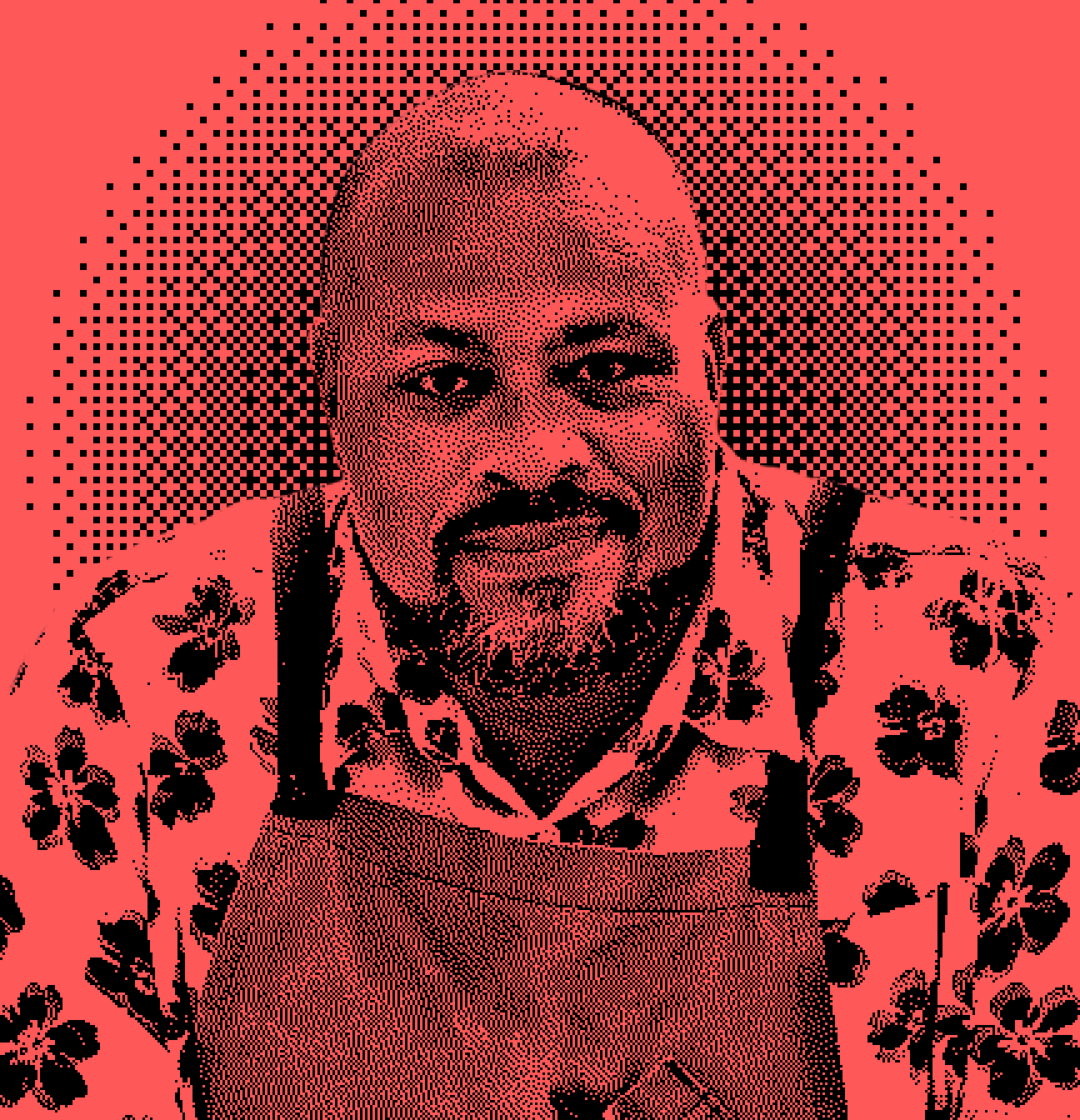 A man with a beard and bald head smiles, wearing a floral shirt and an apron. The image has a red and black halftone effect with a dotted background.