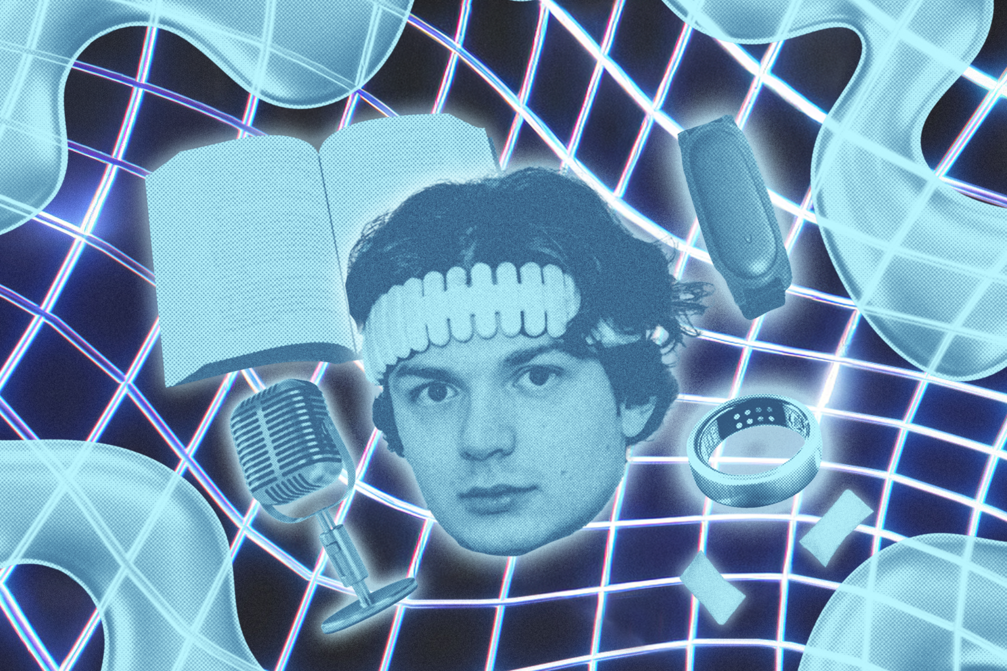 A duotone collage features a young man's head with a tennis headband, an open book, a retro microphone, wireless earbuds, a smart ring, and abstract tubular shapes on a grid background.