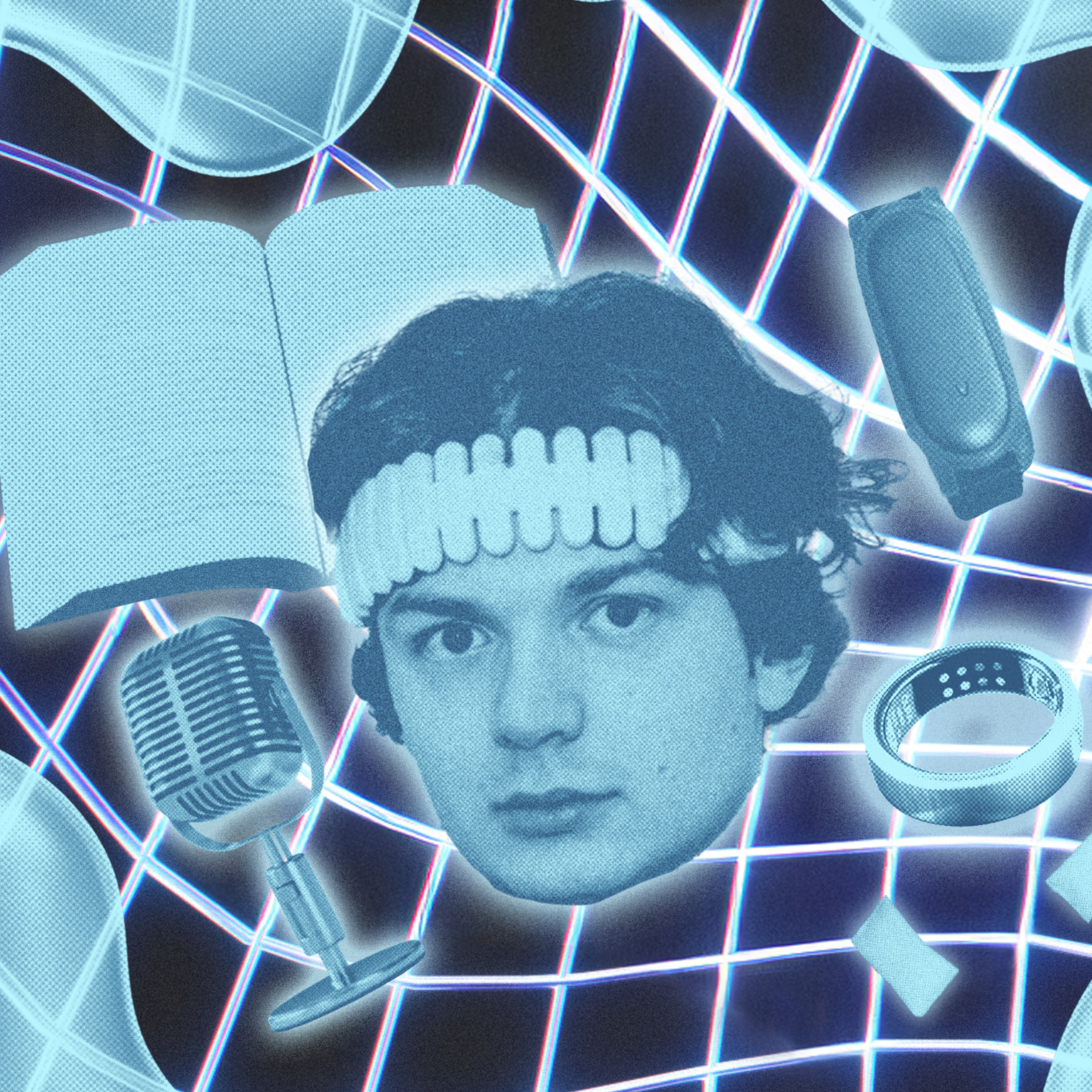 A duotone collage features a young man's head with a tennis headband, an open book, a retro microphone, wireless earbuds, a smart ring, and abstract tubular shapes on a grid background.