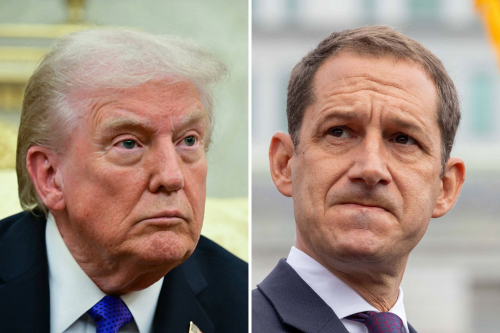 A close-up of two men side by side; the left man has light hair and a serious expression, the right man has darker hair and a concerned look.