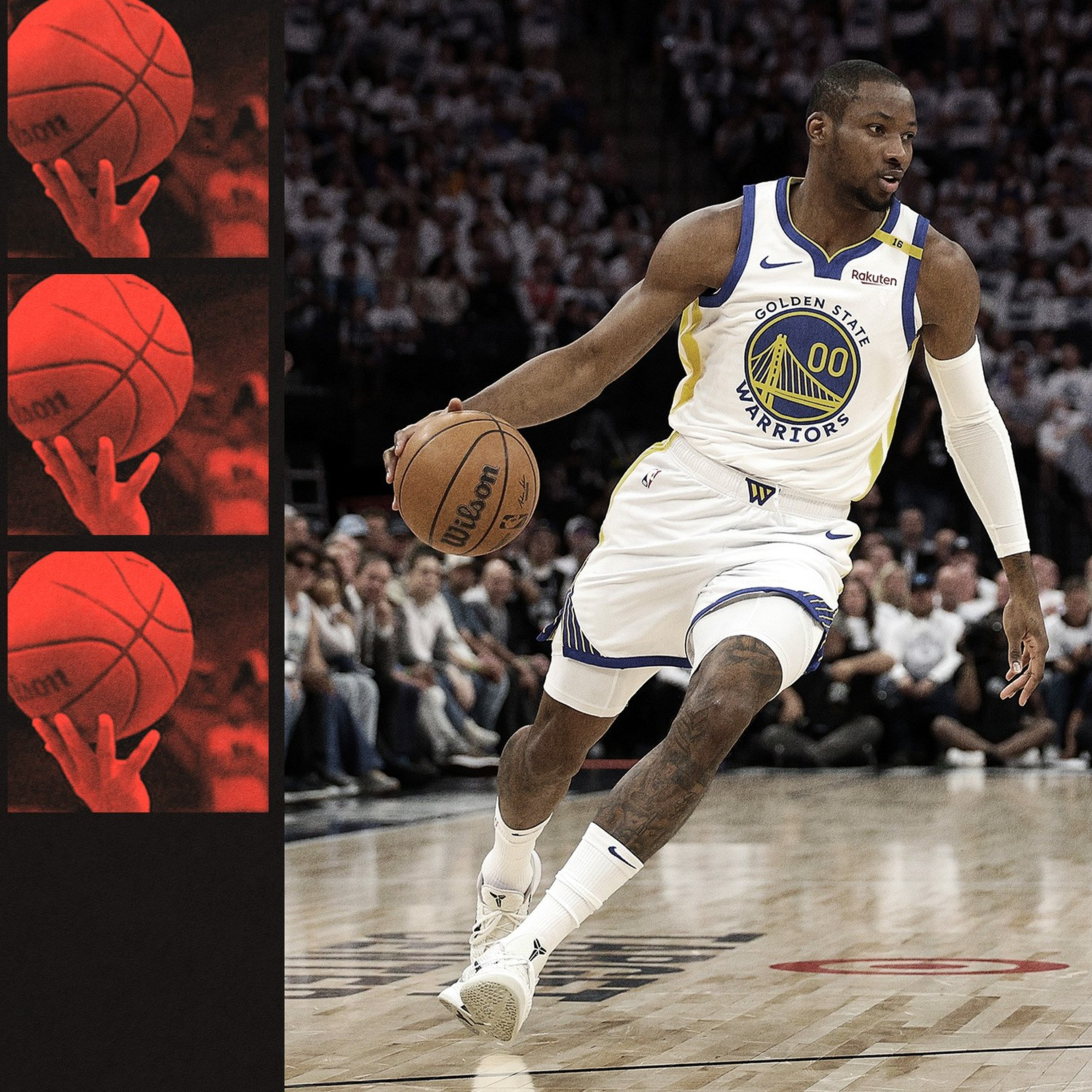A Golden State Warriors player, wearing jersey number 00, dribbles a basketball on a court filled with seated fans.