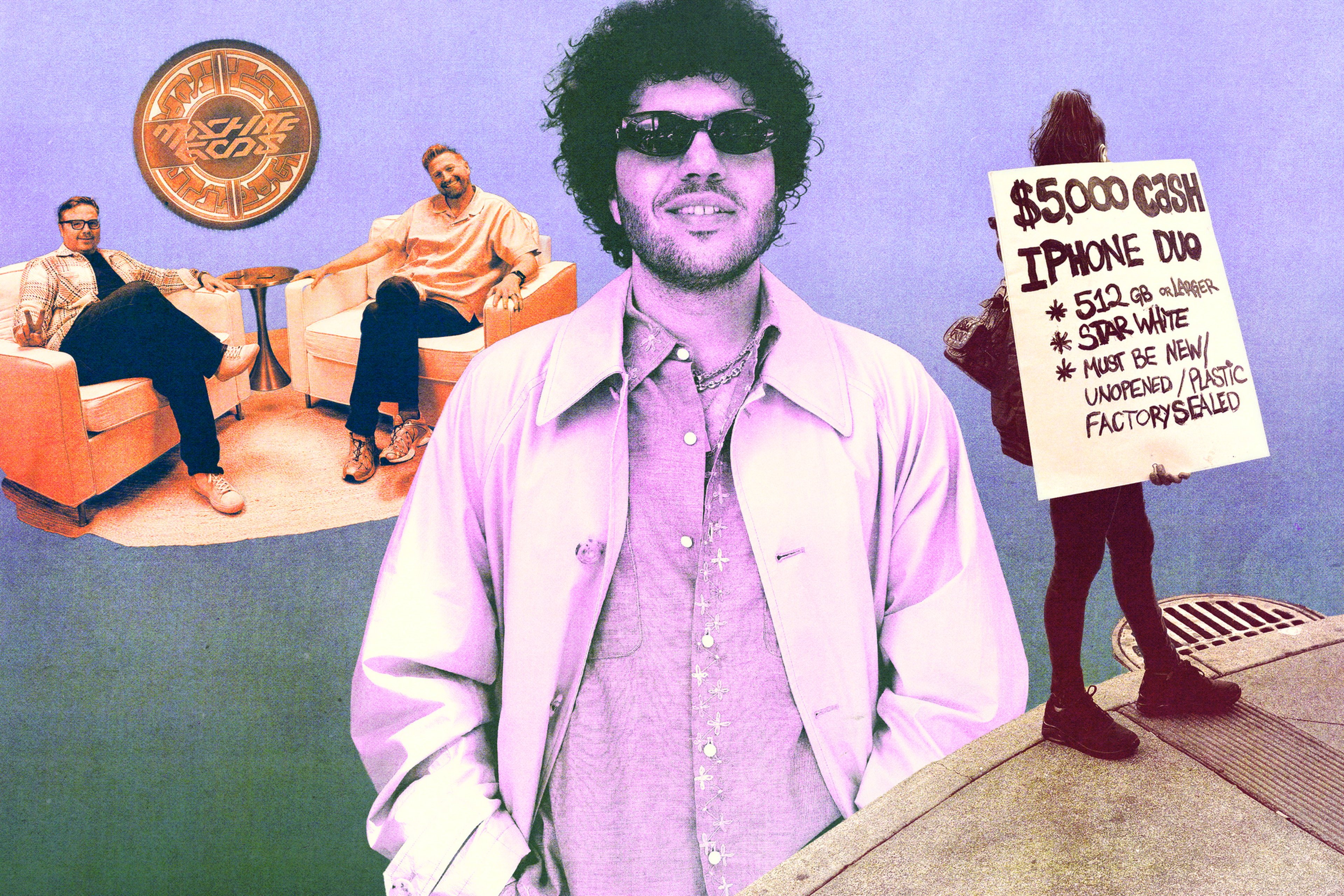 A man with sunglasses stands smiling, two men sit on orange chairs near a Crypto.com logo, and a person holds a sign selling a $5000 iPhone Duo.