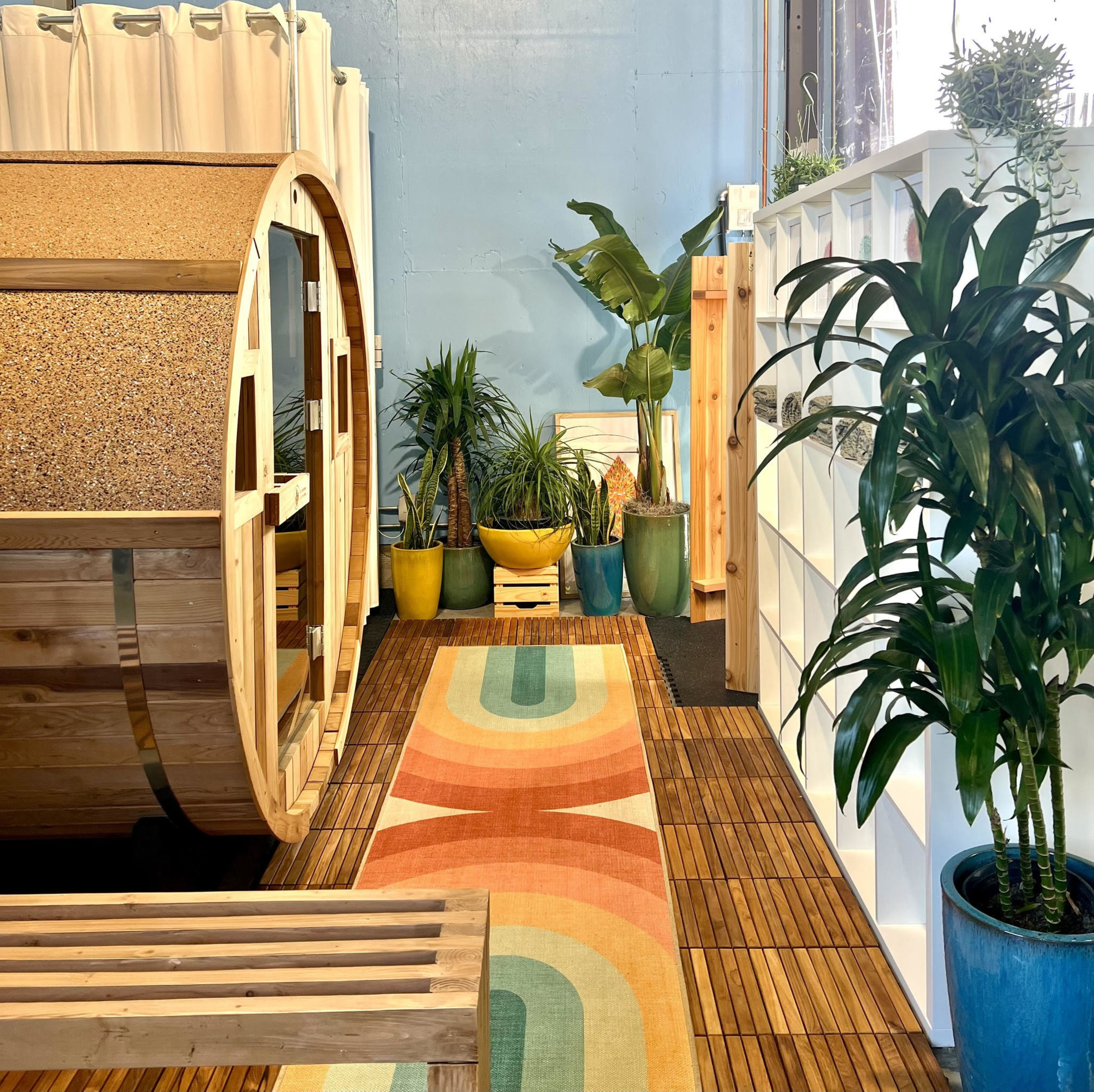 The image shows a cozy room with a wooden sauna, vibrant potted plants, and a colorful geometric-patterned rug. There's a white shelving unit and a wooden bench.