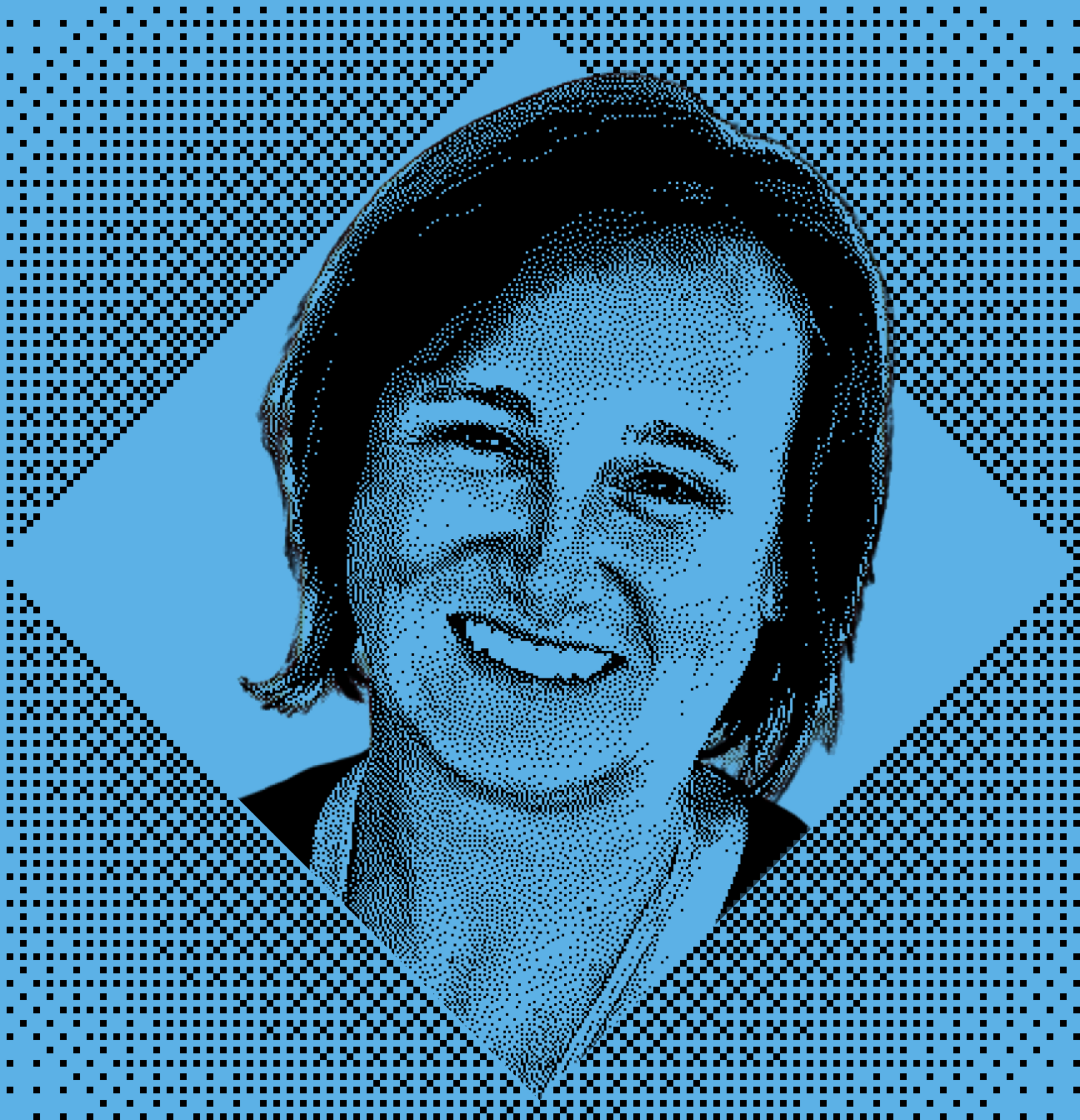 The image shows a smiling person in a blue, halftone dot style. The background features a pattern of dots and a diamond shape framing the face.