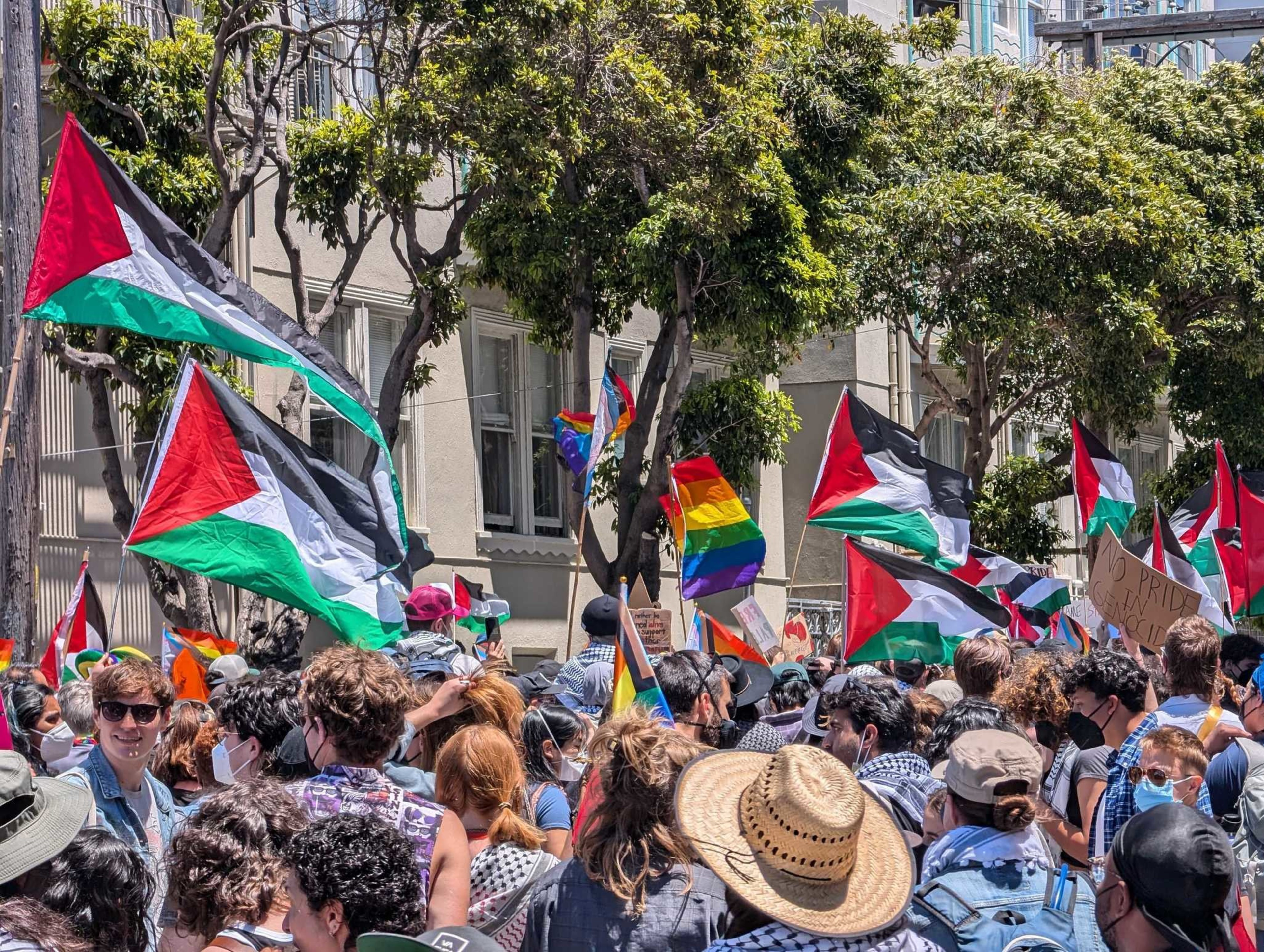 A crowd of people is gathered in a street holding Palestinian and rainbow flags. Some carry signs and wear masks, while tall trees provide shade from the sun.