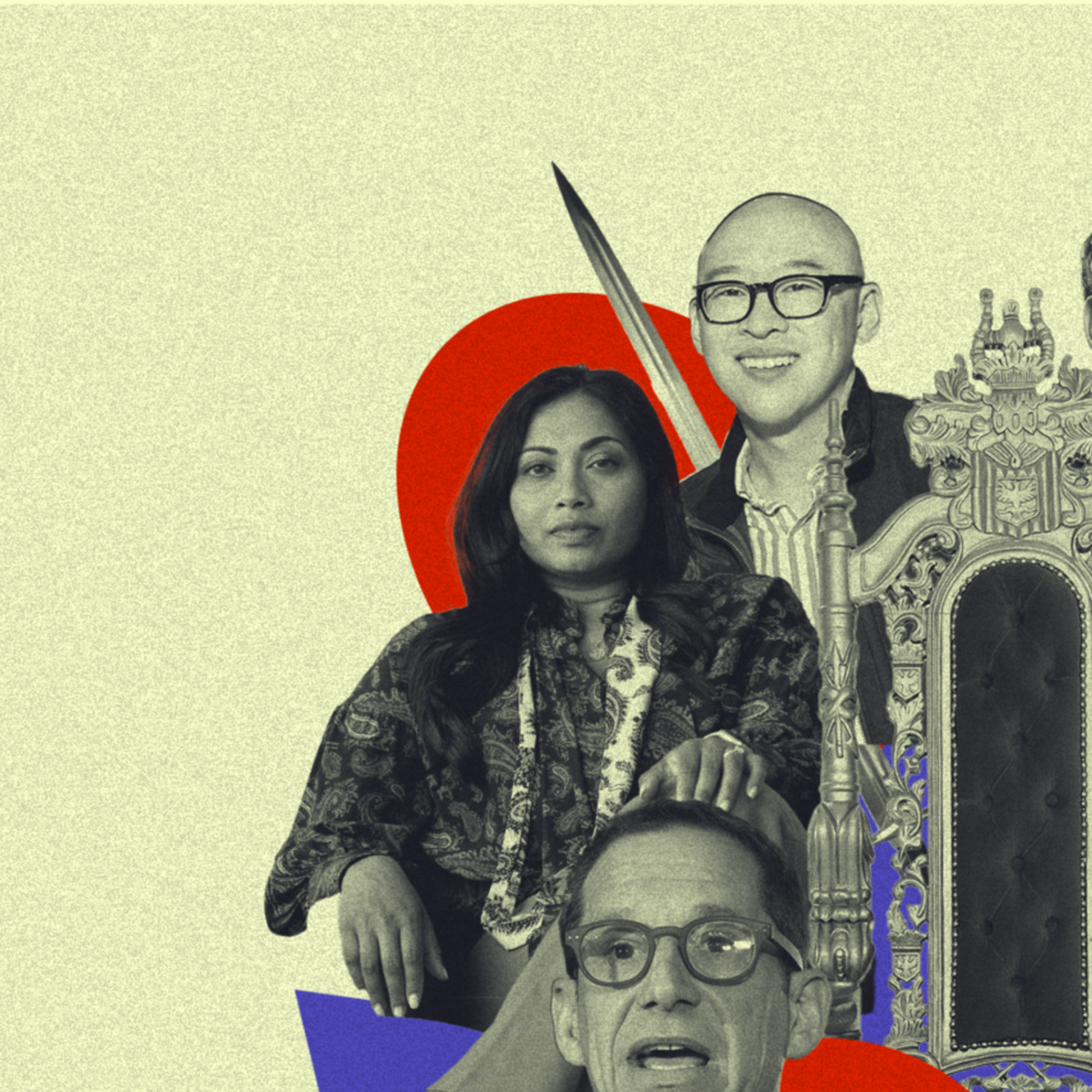 A photo illustration of men and women surrounding a throne.