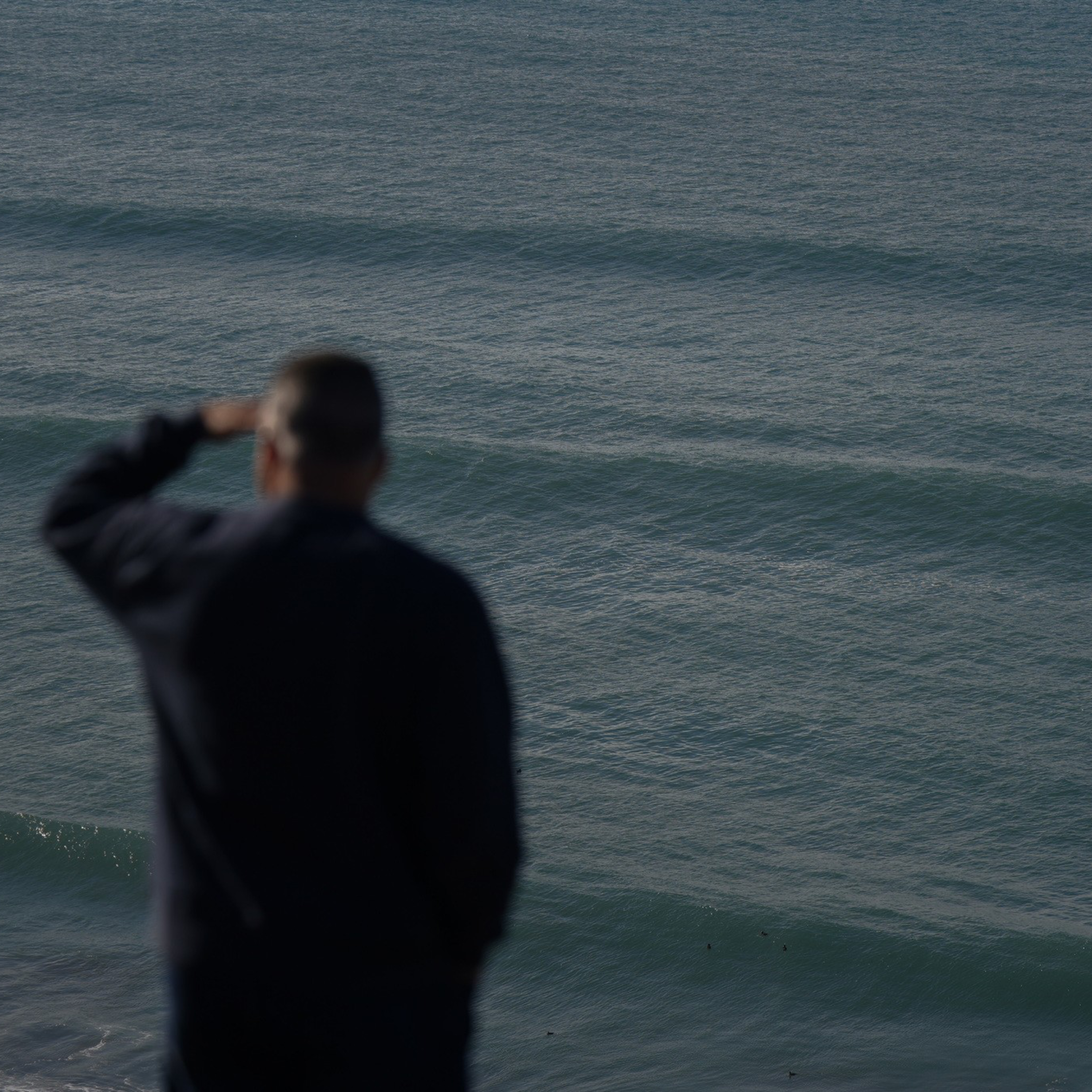 A person stands silhouetted against the ocean, with gentle waves rolling in. They gaze towards the horizon, shielding their eyes with a hand.
