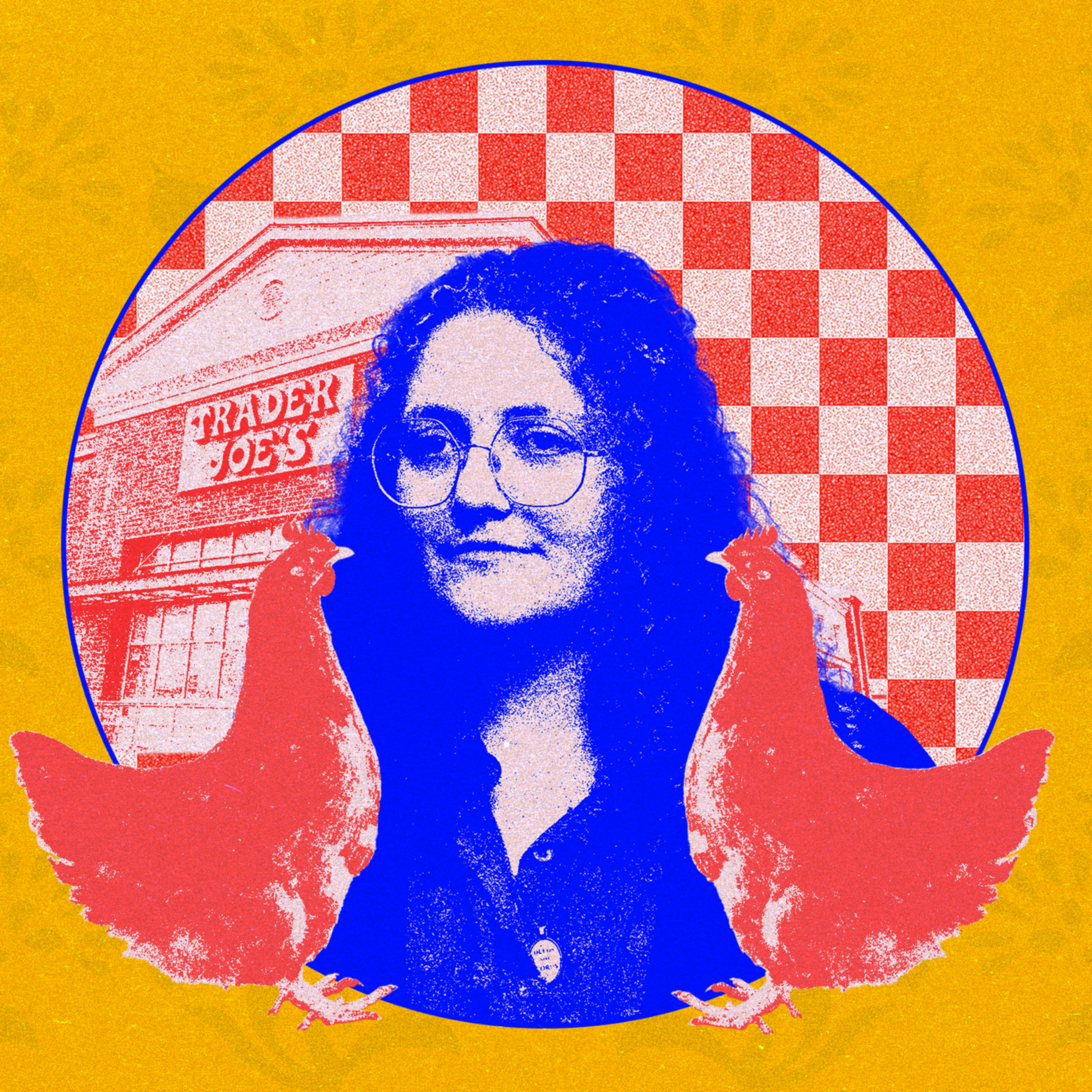A photo illustration of a woman with 2 chickens.
