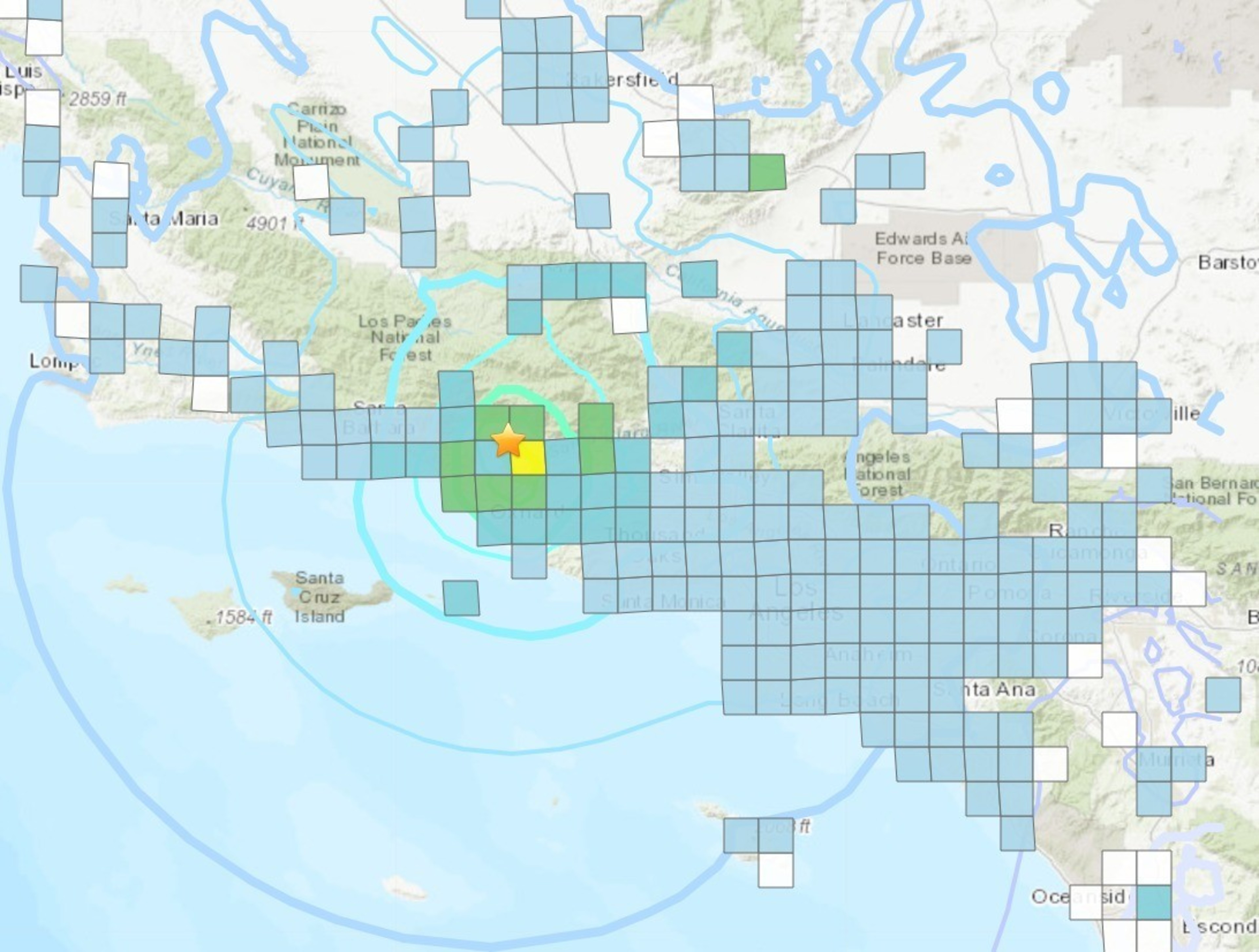 A United States Geological survey â€œDid You Feel It?â€ map captures citizen responses to a 5.1 magnitude earthquake Sunday, just outside Ojai in Ventura County that rattled millions of Southern Californians already on edge due to expected flooding and mudsli