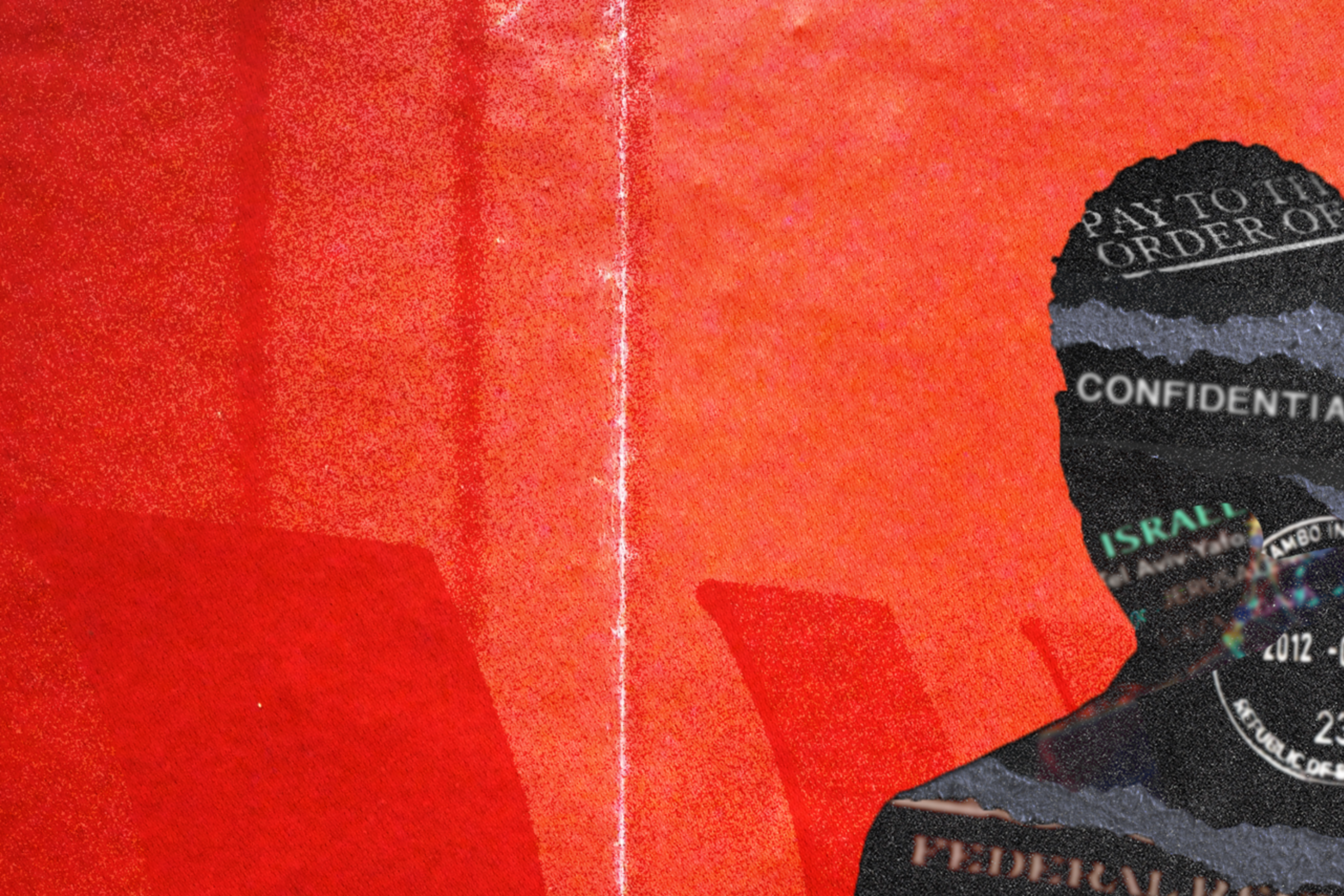 A silhouette of a person filled with various financial terms and symbols is set against a textured red background, conveying themes of secrecy and currency.