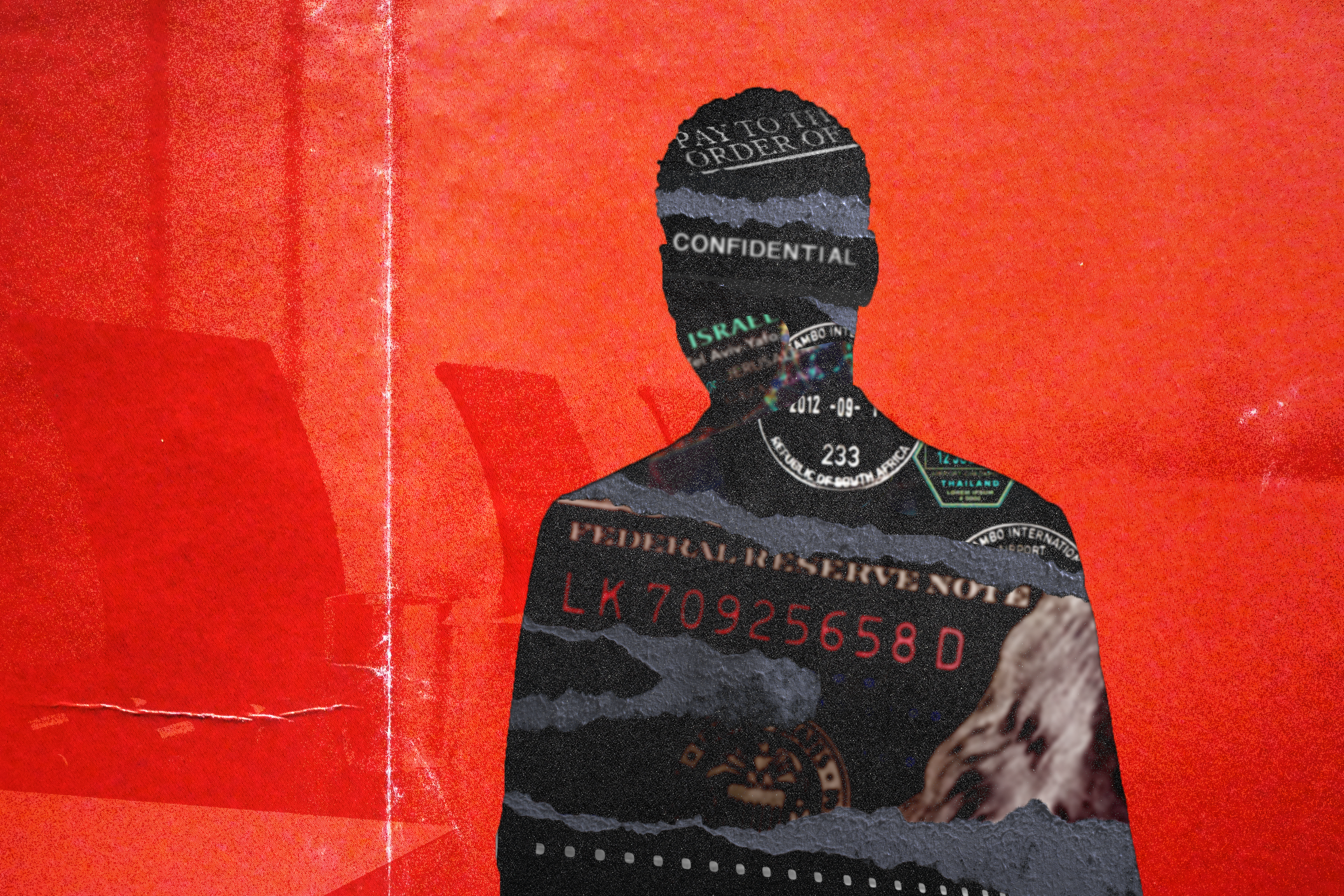 A silhouette of a person filled with various financial terms and symbols is set against a textured red background, conveying themes of secrecy and currency.
