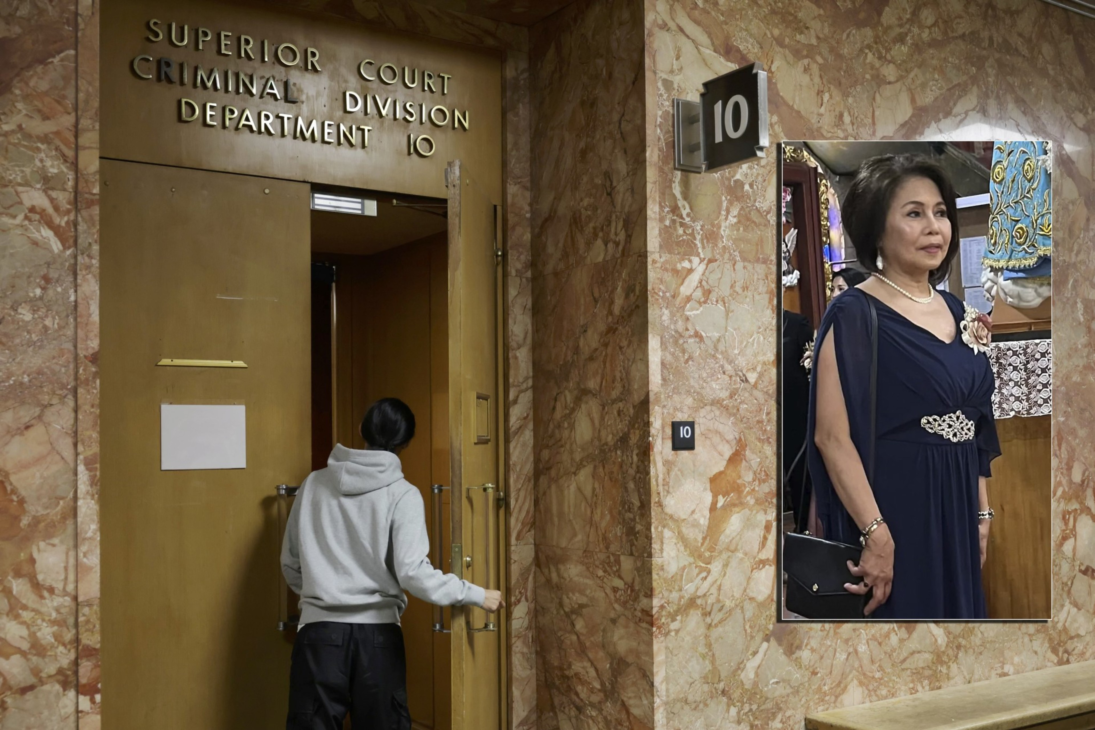 In the image, there is a person in a grey hoodie entering a Superior Court's Criminal Division, Department 10. An inset photo shows a woman in a blue dress inside.