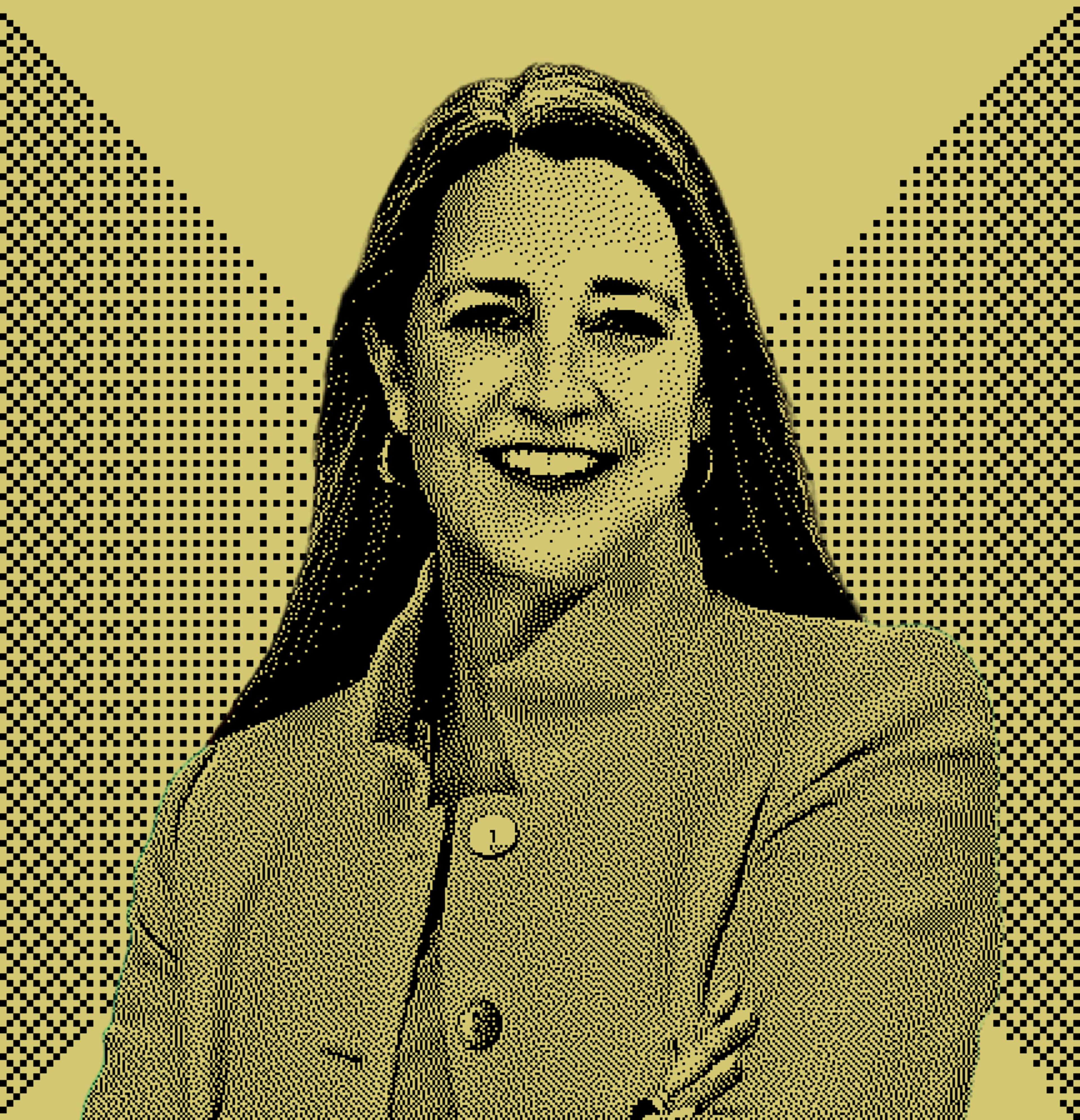 A halftone-style image shows a woman smiling, with long hair and wearing a buttoned jacket, set against a patterned background.