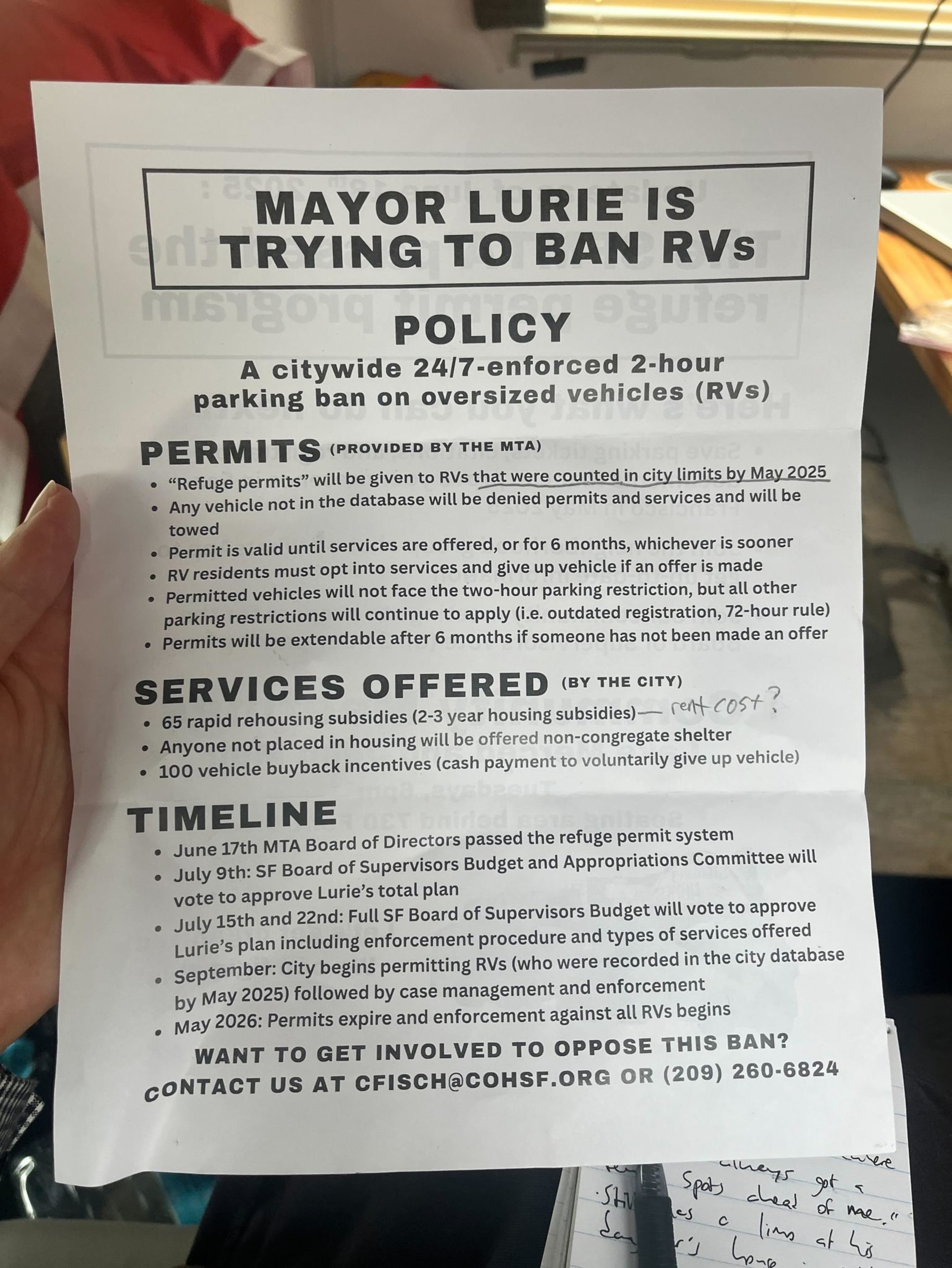 The image shows a flyer titled &quot;MAYOR LURIE IS TRYING TO BAN RVs,&quot; explaining a citywide 2-hour parking ban proposal for oversized vehicles, including details about permits, services, and a timeline for enforcement.