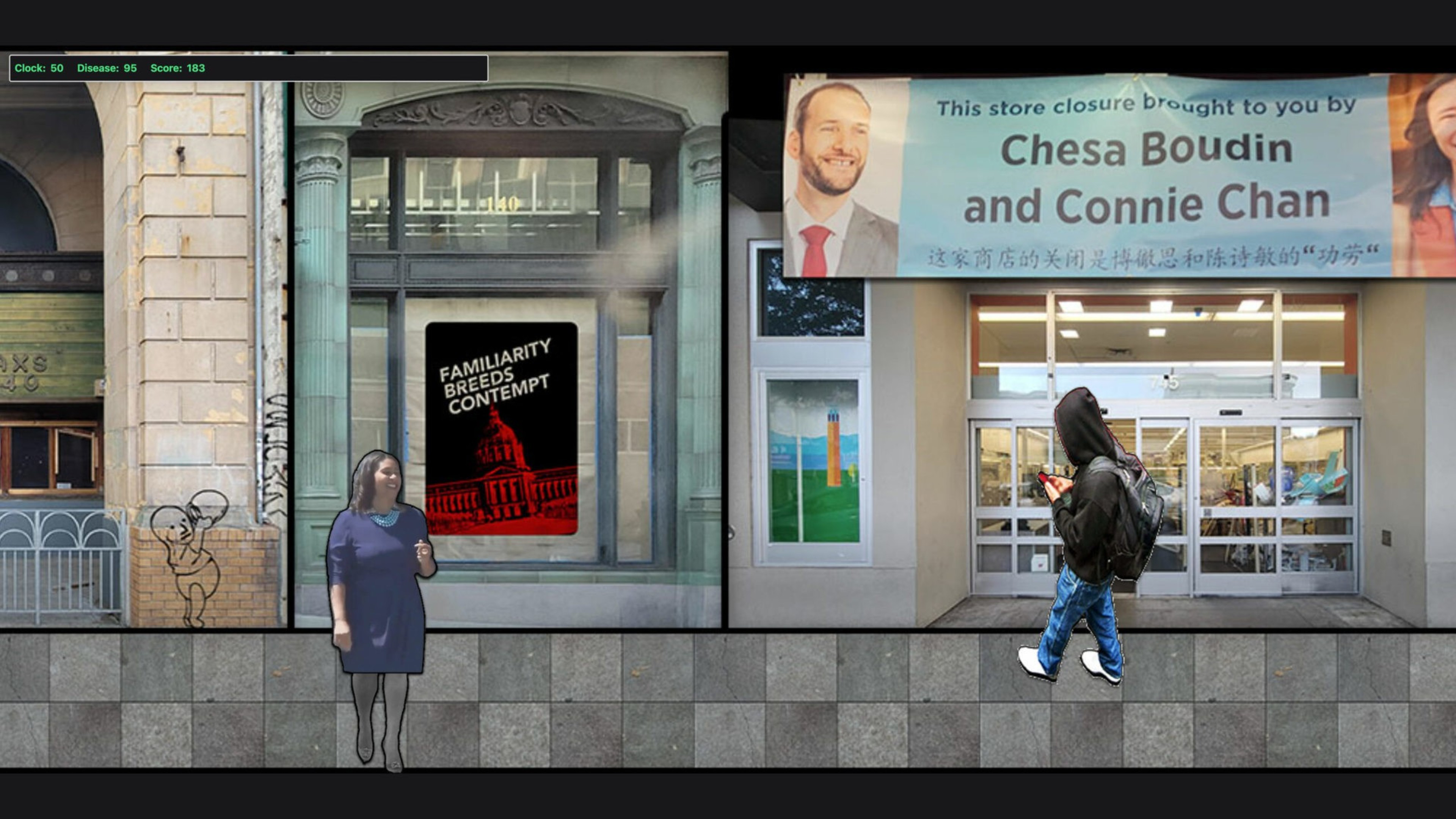 A woman stands near a window with a "Familiarity Breeds Contempt" poster, while a person walks past a store closure sign featuring two smiling faces.