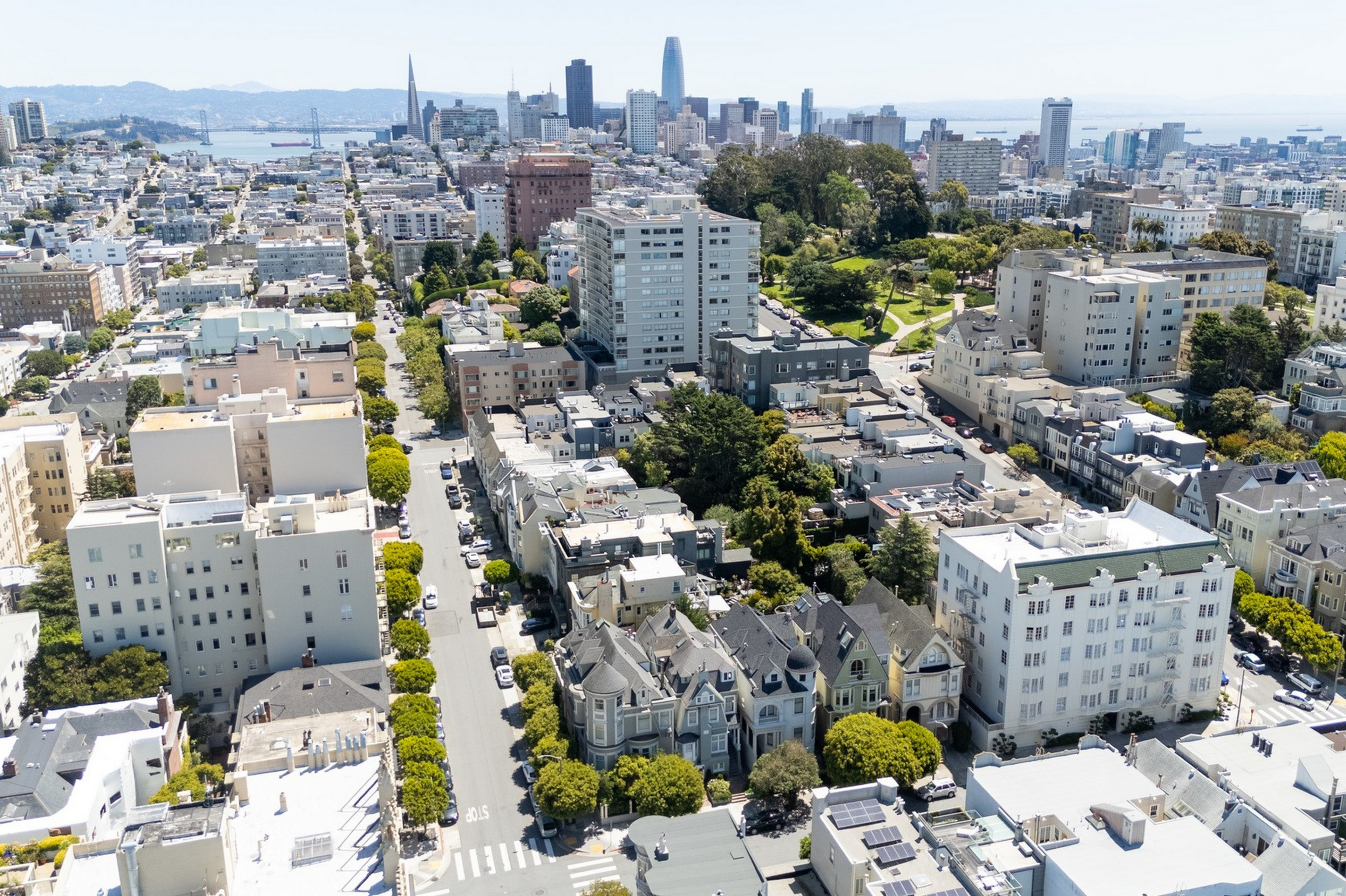 A cityscape with rows of apartment buildings and Victorian houses lines tree-filled streets, leading to a skyline of tall buildings and a waterfront in the distance.