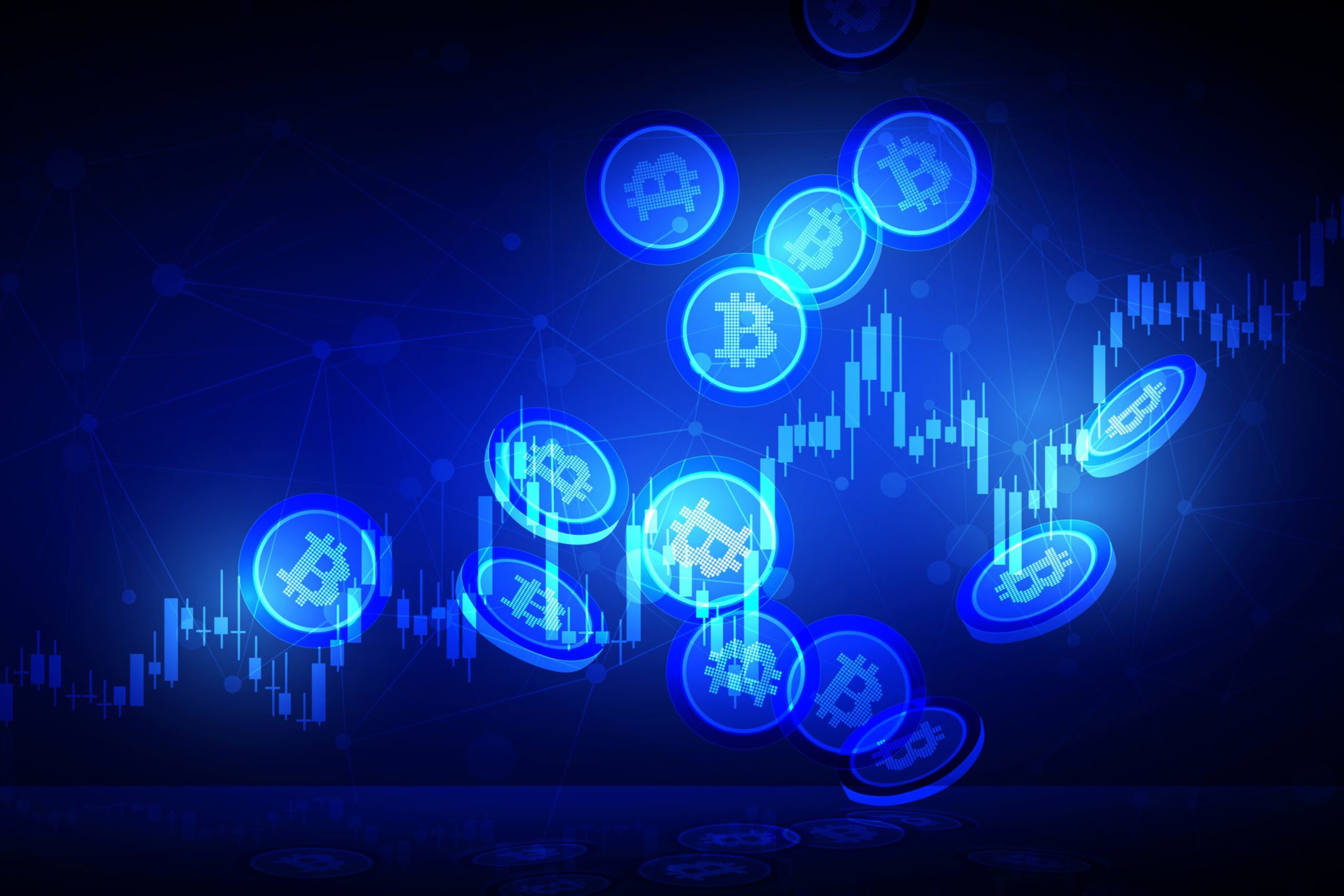 The image shows glowing blue Bitcoin symbols floating over a digital stock chart on a dark background, highlighting the concept of cryptocurrency trading.