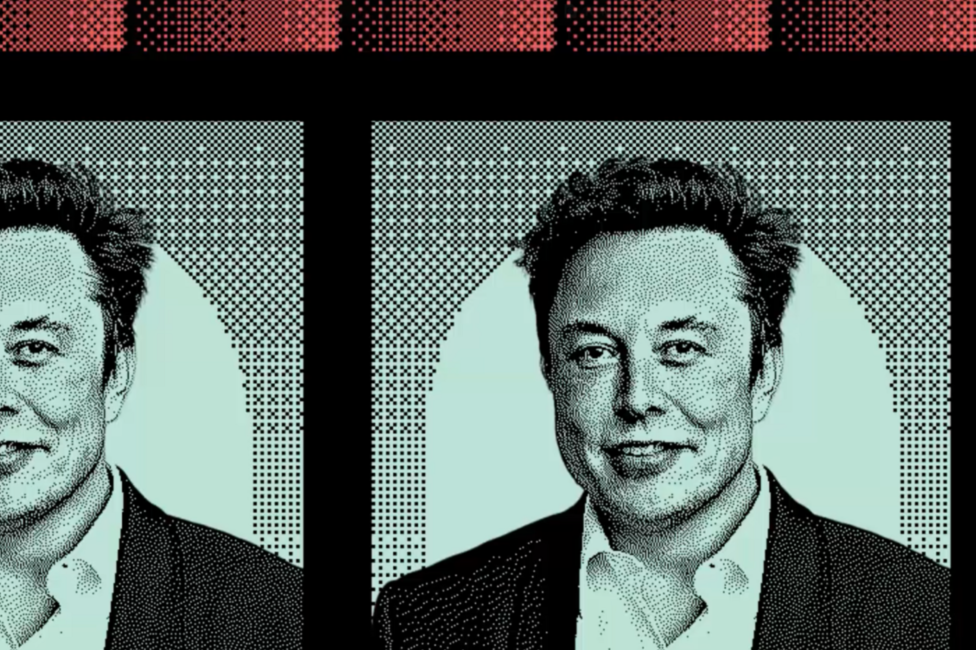 The image shows a digitally stylized triptych of the same person in a suit and open-collared shirt against a blue-green background, framed by a red and black border.