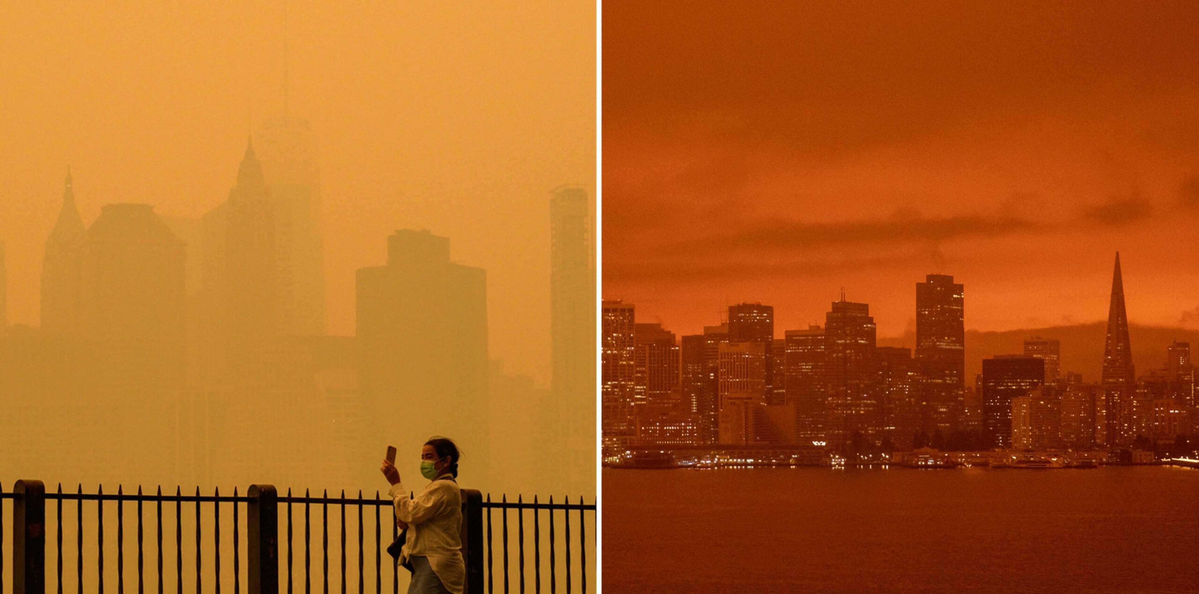 A person wearing a mask takes a photo on a hazy foggy day beside a railing, while a city skyline glows orange under an eerie sky at night.