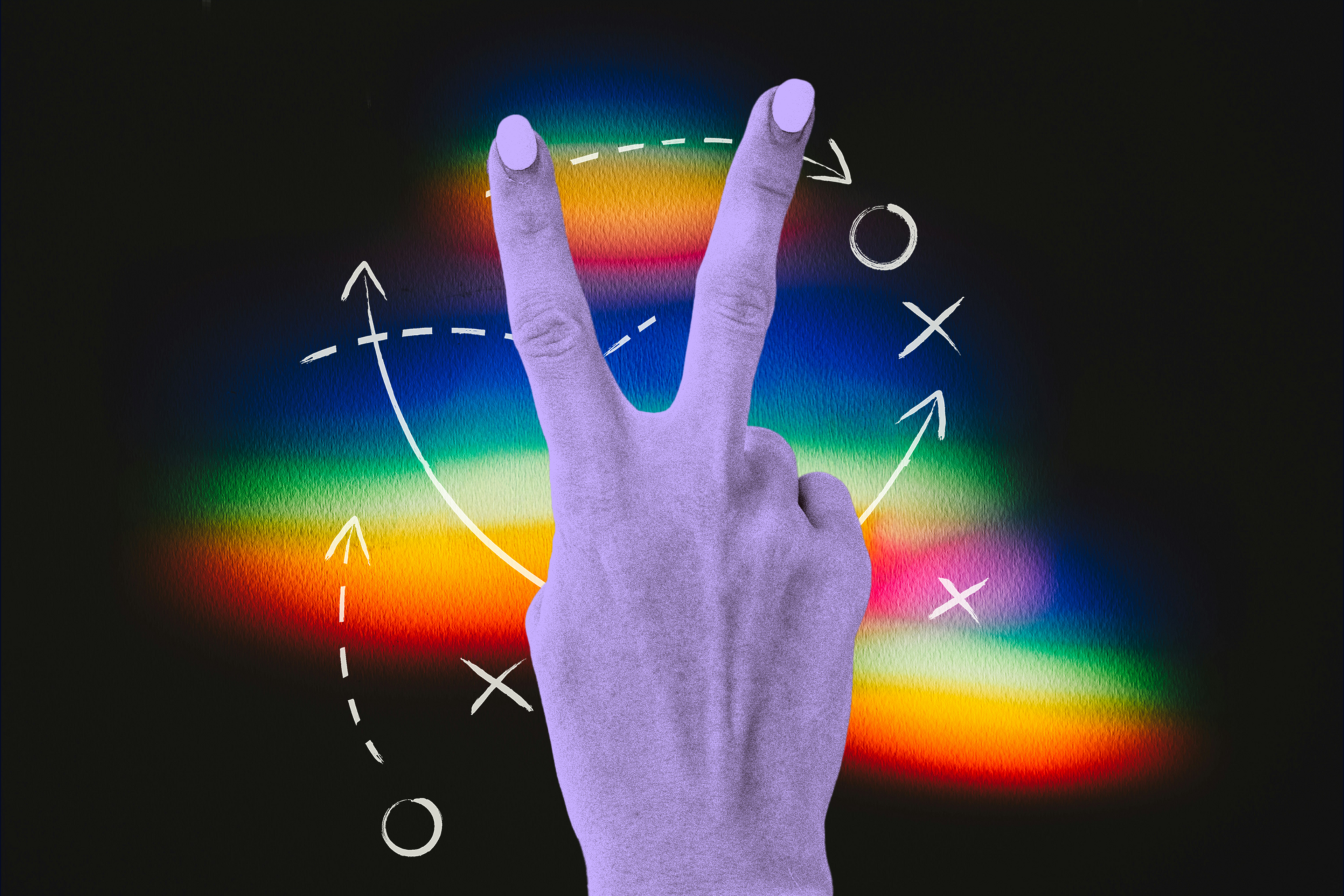 A purple hand displays a peace sign with a colorful rainbow background and white tactical play arrows and Xs and Os.