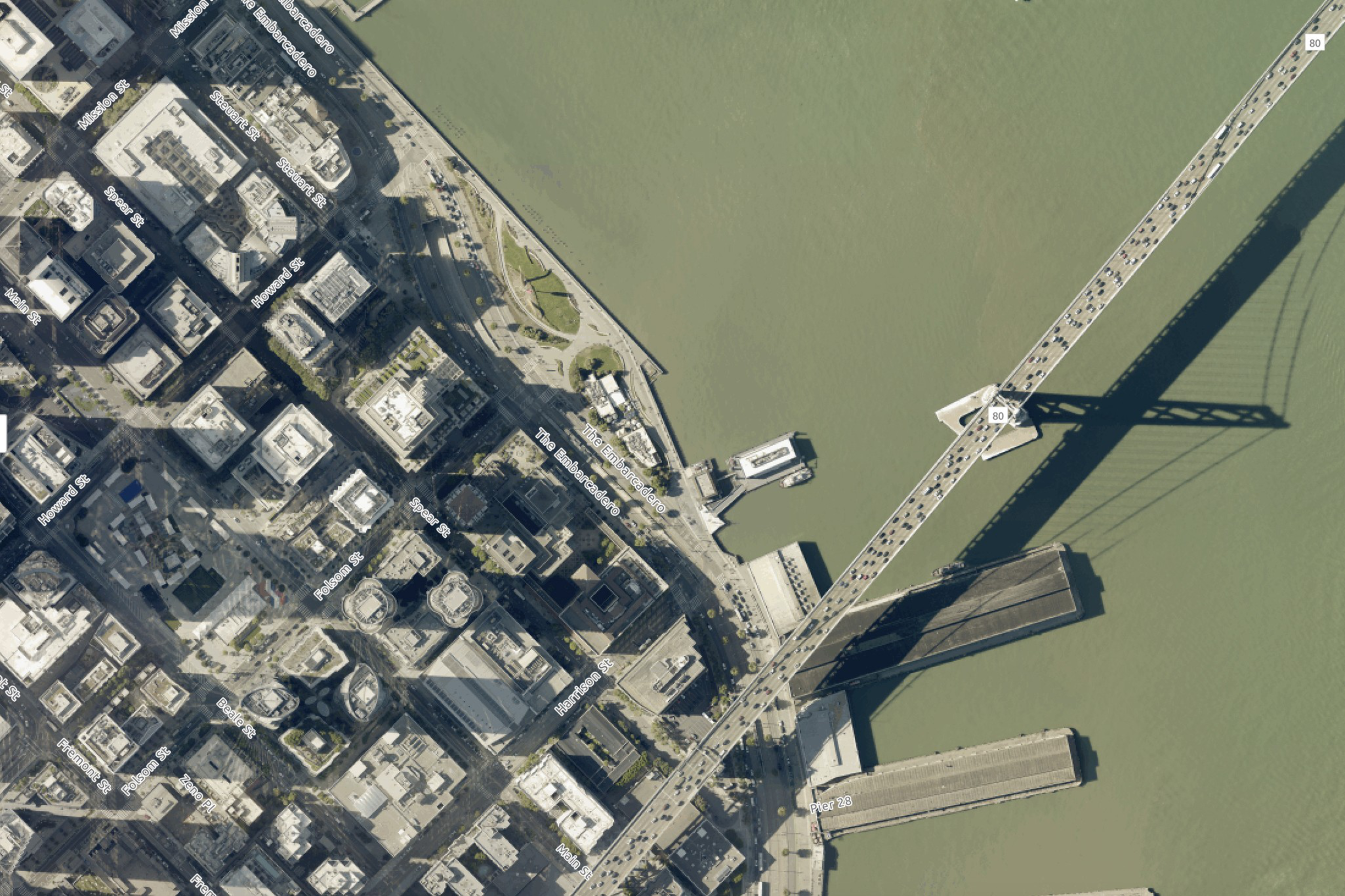 An aerial view of the Oakland-San Francisco Bay Bridge along The Embarcadero in 2022.