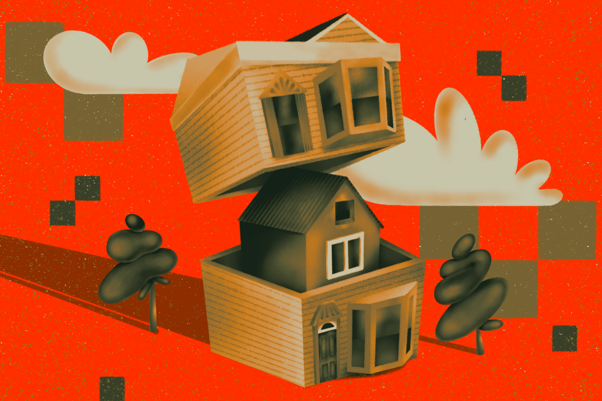The image features a whimsical, split-level house stack against an orange backdrop with clouds and square patterns, flanked by stylized trees.