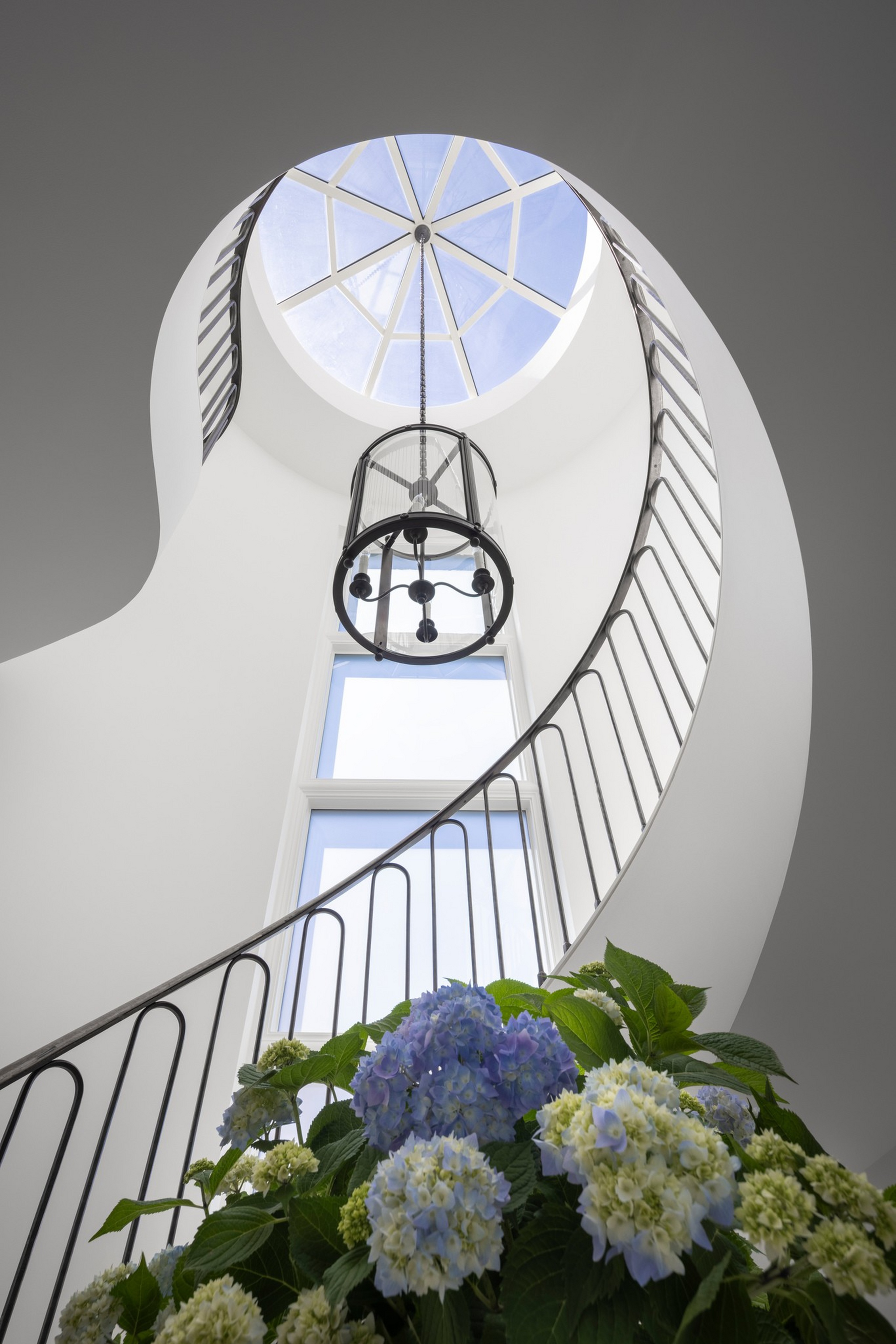 A spiral staircase curves upward around a tall window with a hanging lantern light, topped by a circular skylight, with blue and white hydrangeas at its base.