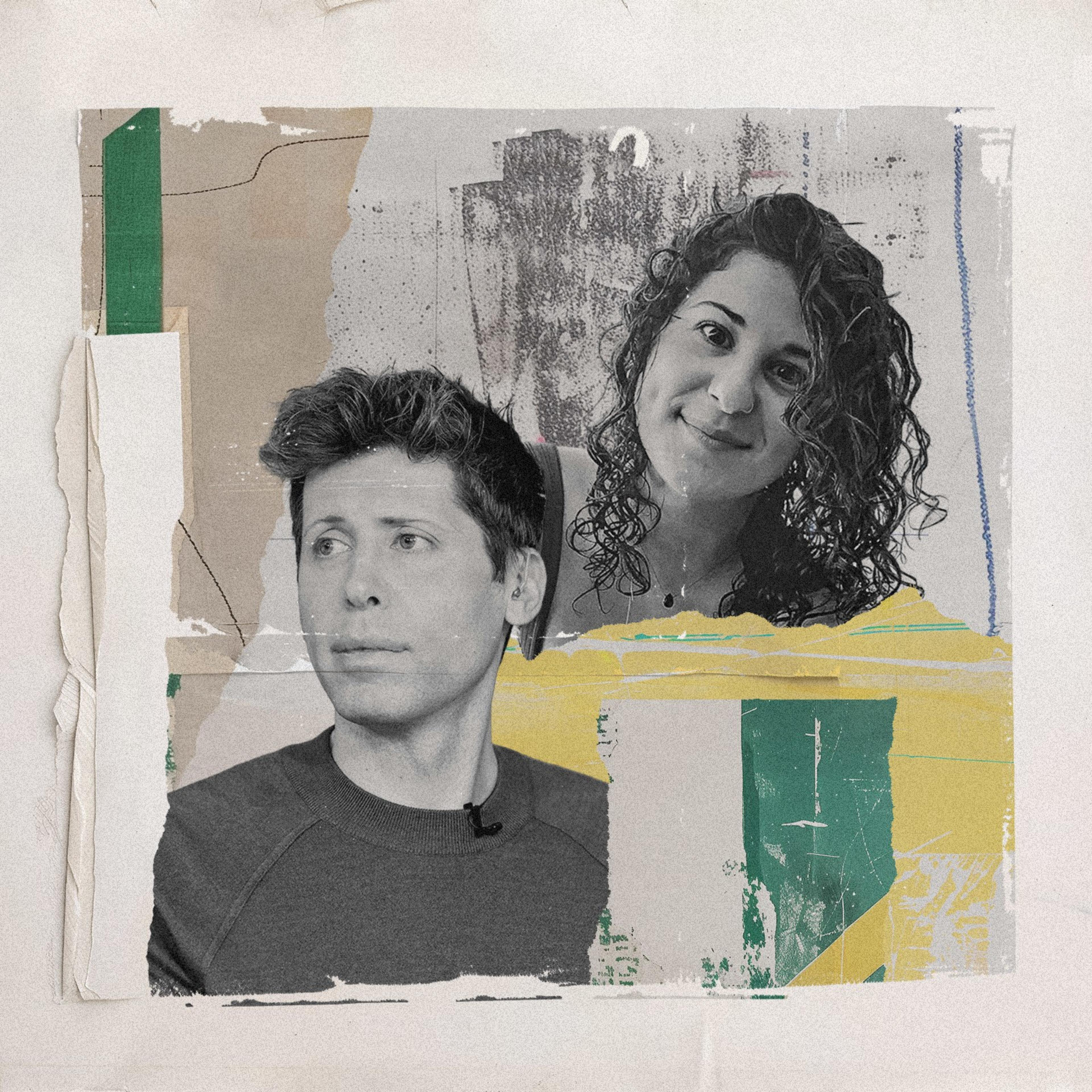 A photo collage with ripped paper, paint splashes, and a photo of a man and woman.
