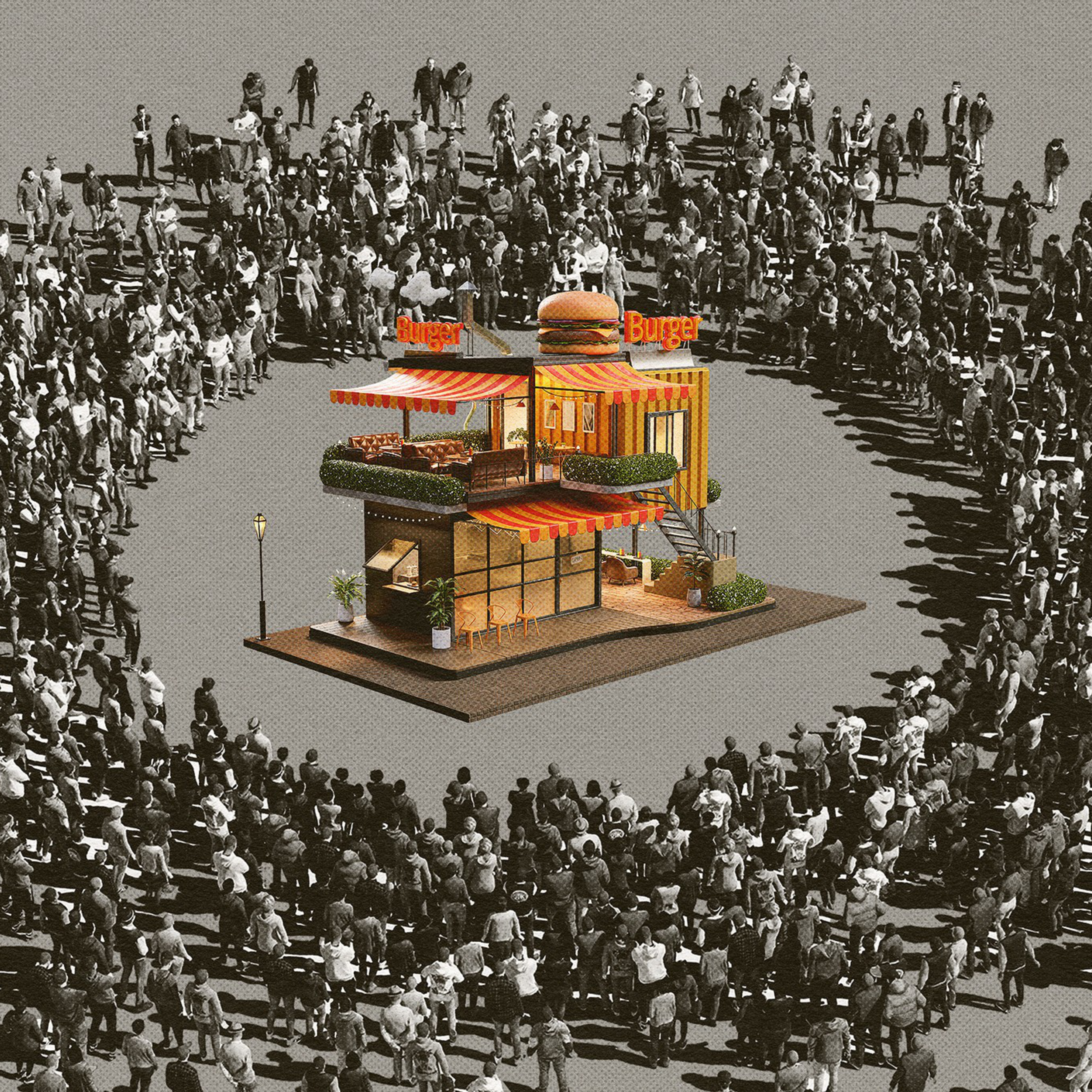 A crowd of people surrounding a restaurant