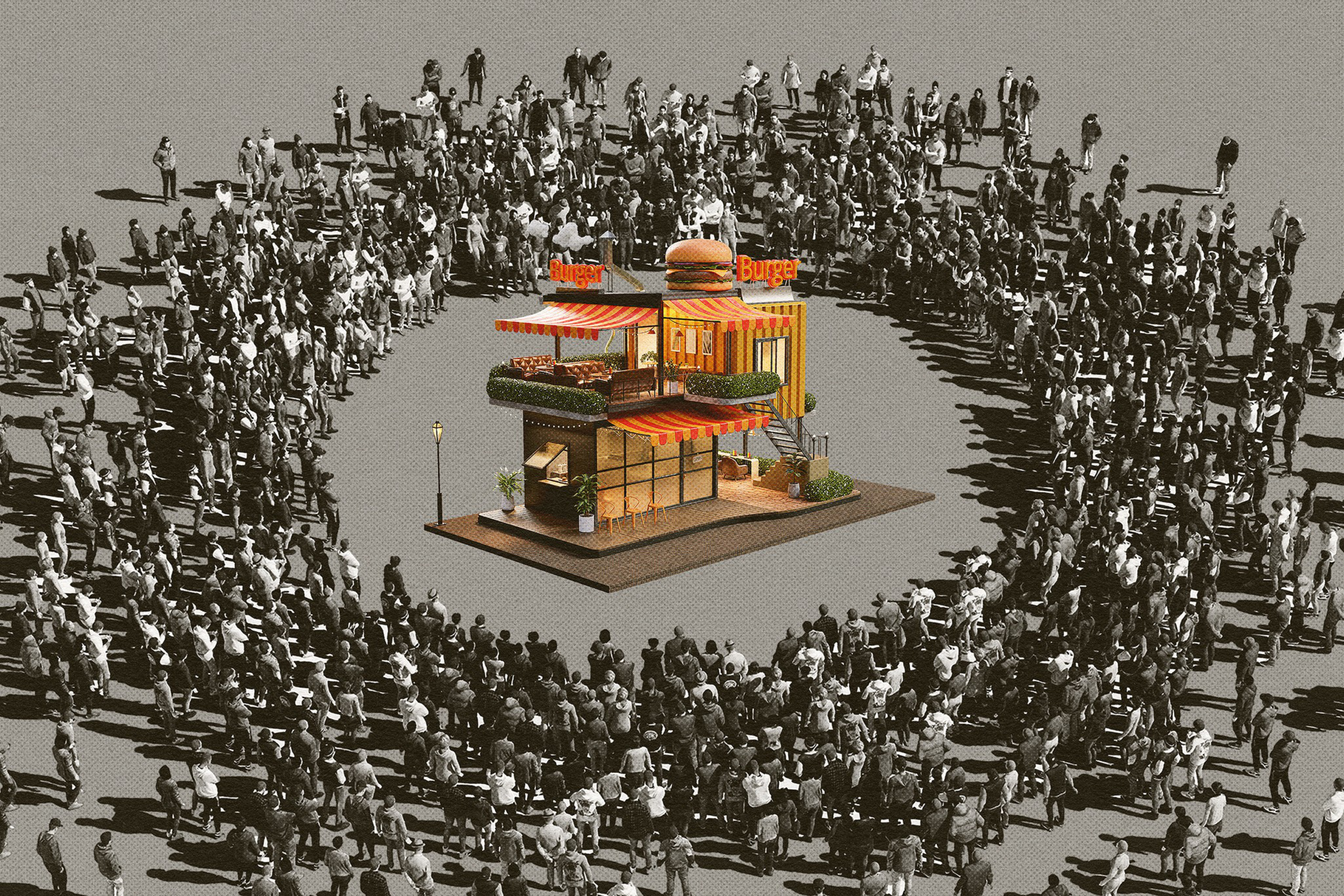 A crowd of people surrounding a restaurant