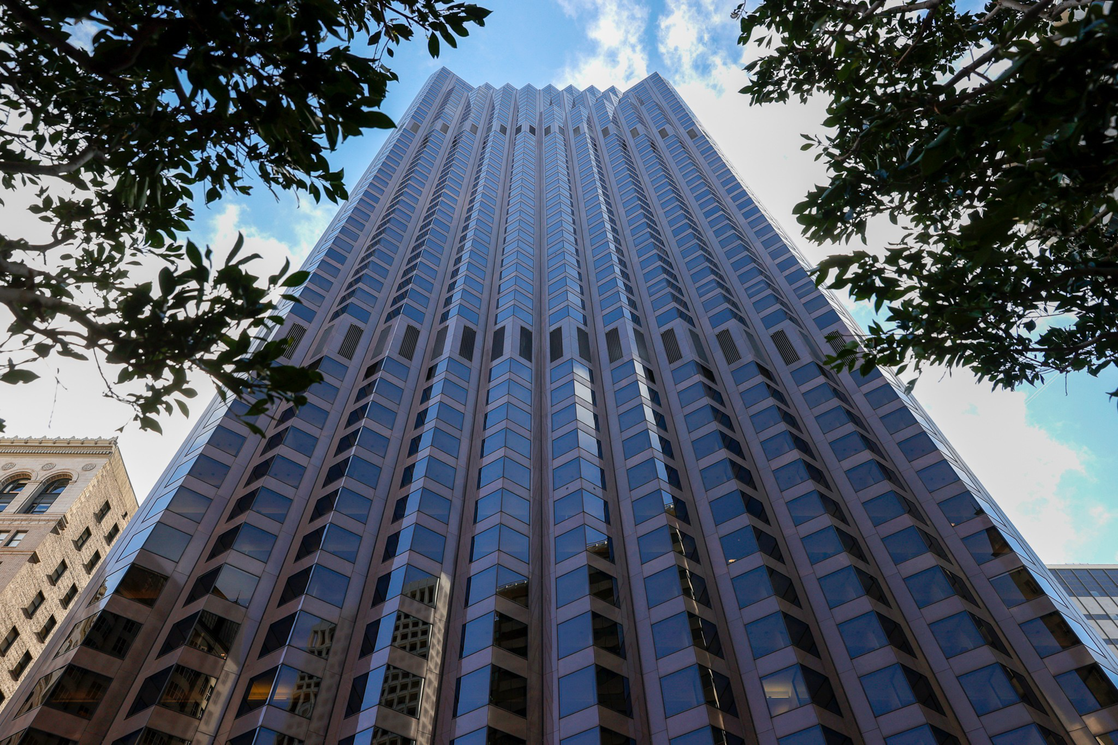 A tall glass skyscraper with reflective windows rises between tree branches against a blue sky with scattered clouds.