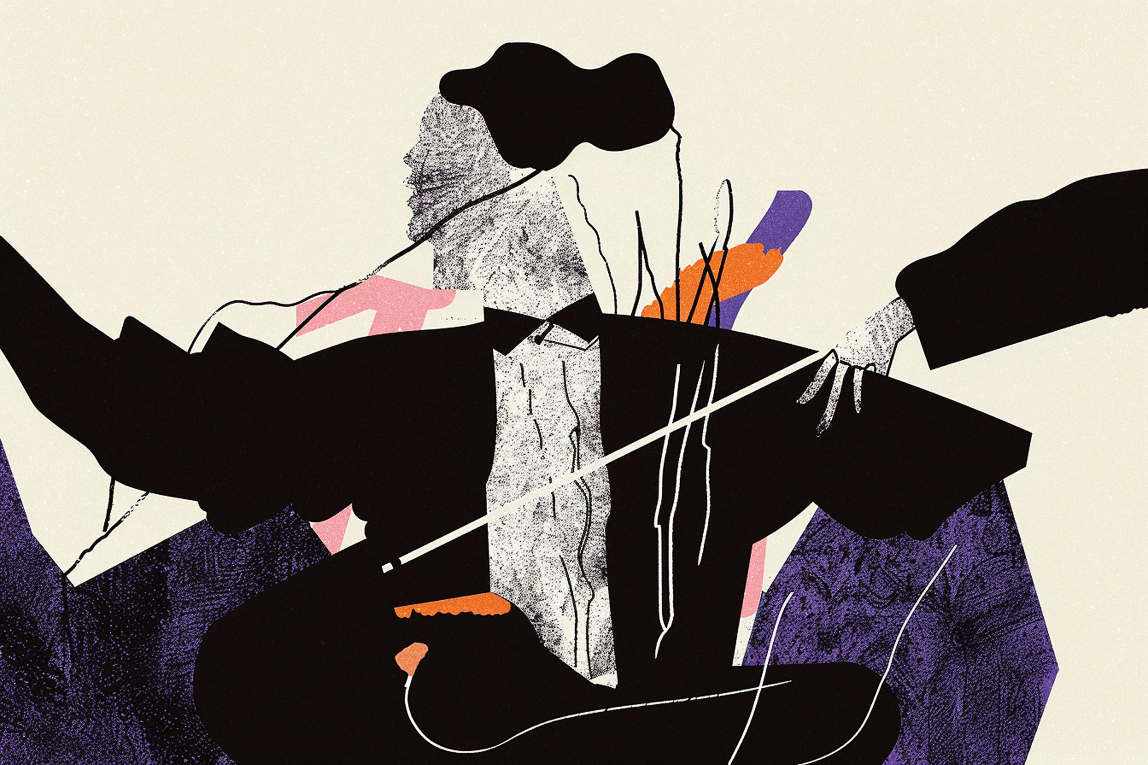 Abstract art with textured shapes and lines in black, pink, orange, and purple on a cream background.