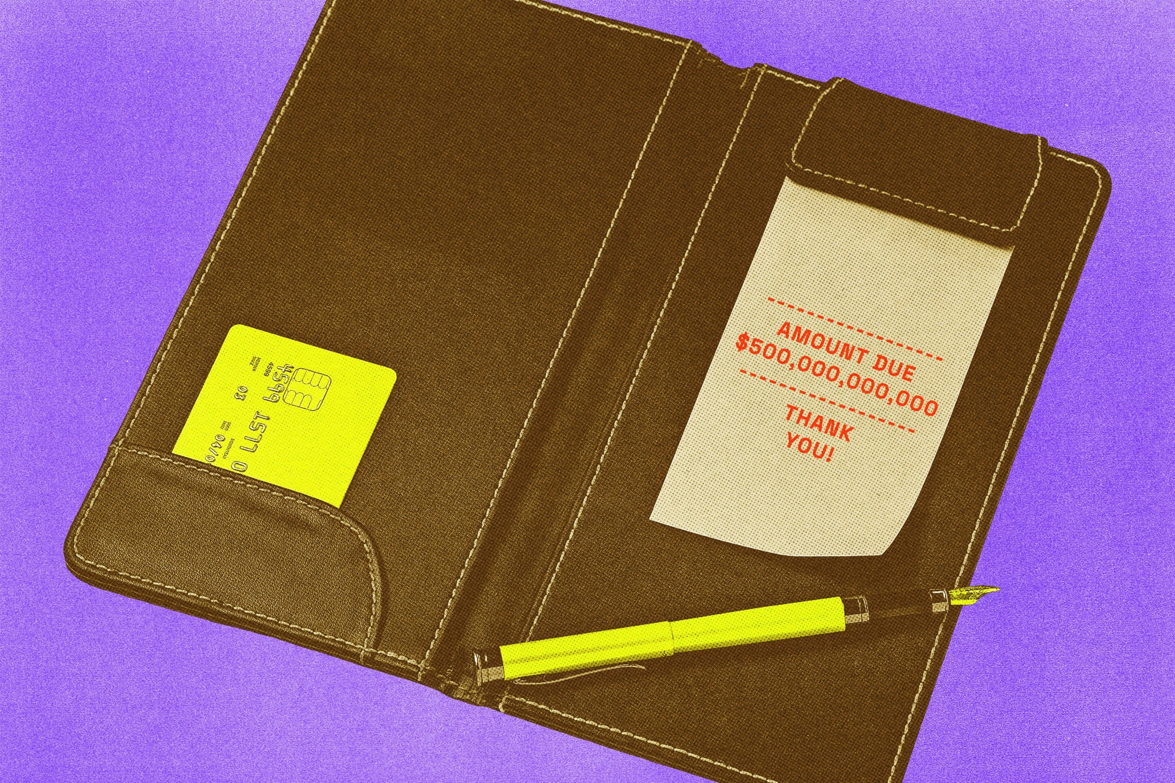 A brown leather wallet contains a yellow credit card, a receipt stating an amount due of $500 billion, and a gold pen on a purple background.
