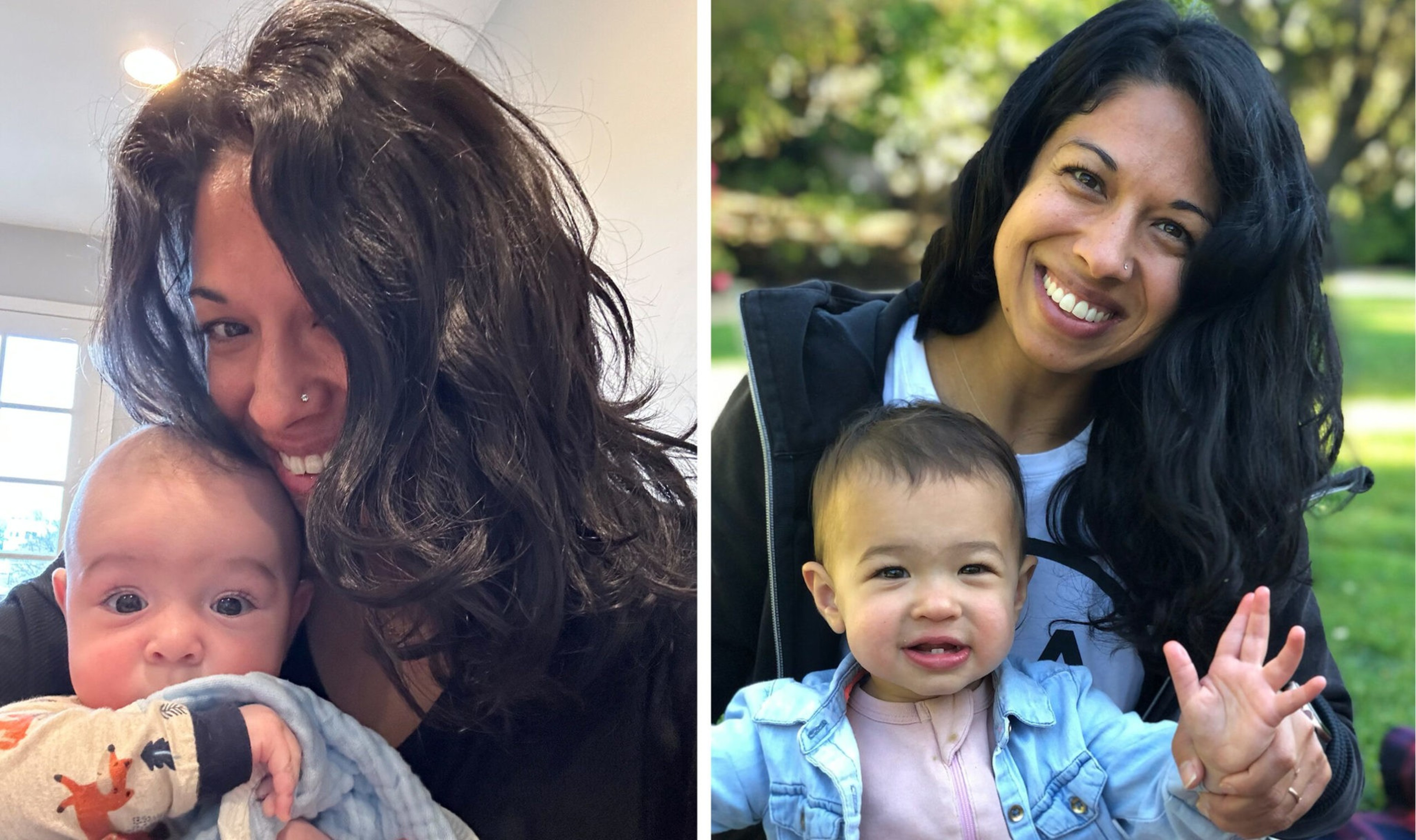 A woman with long black hair smiles closely holding a baby indoors; in the other, she and a toddler smile outdoors, with the child waving.
