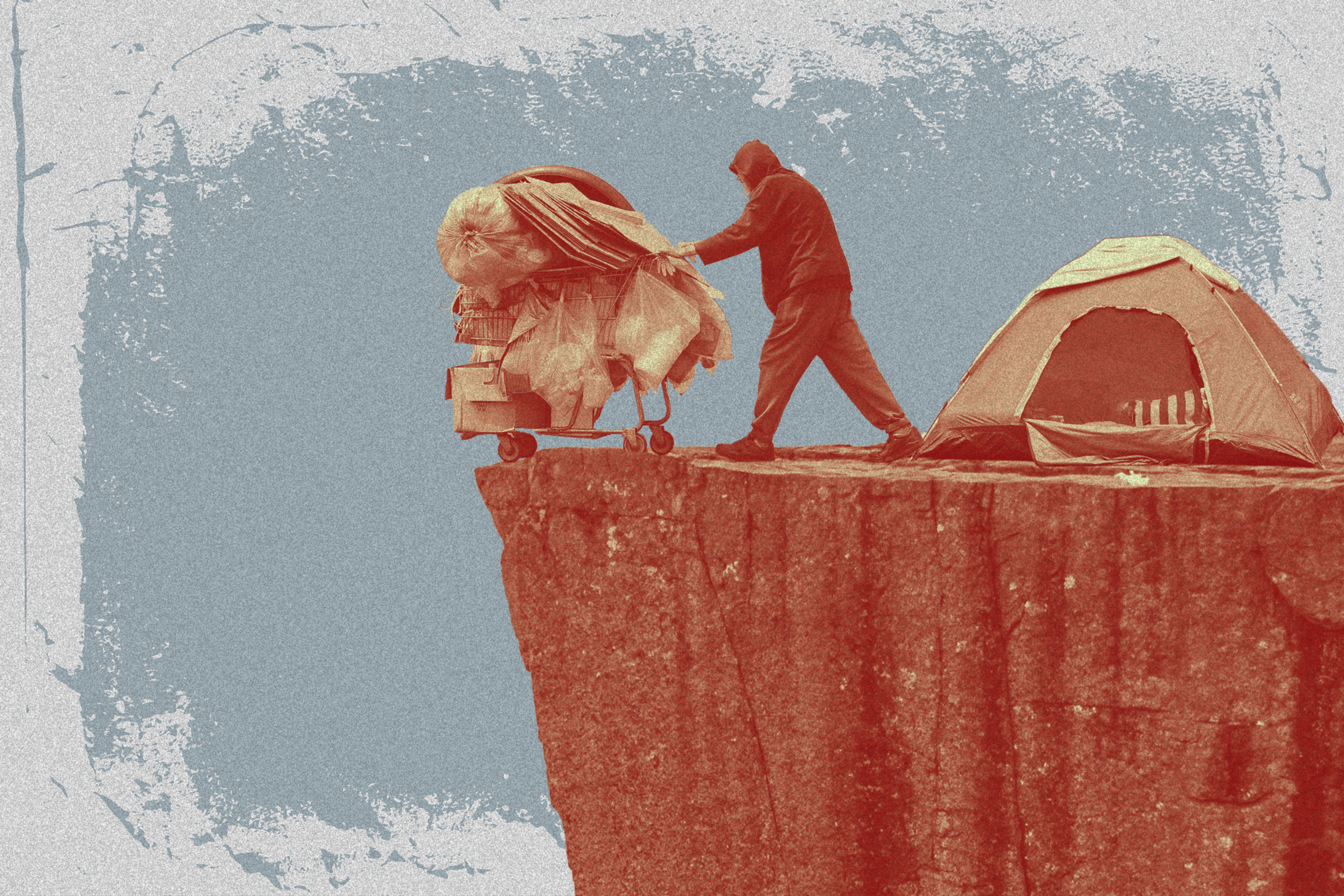 A person pushes a cart covered in cloth towards the edge of a cliff. Beside them is a small tent. The image has a textured, stylized effect.
