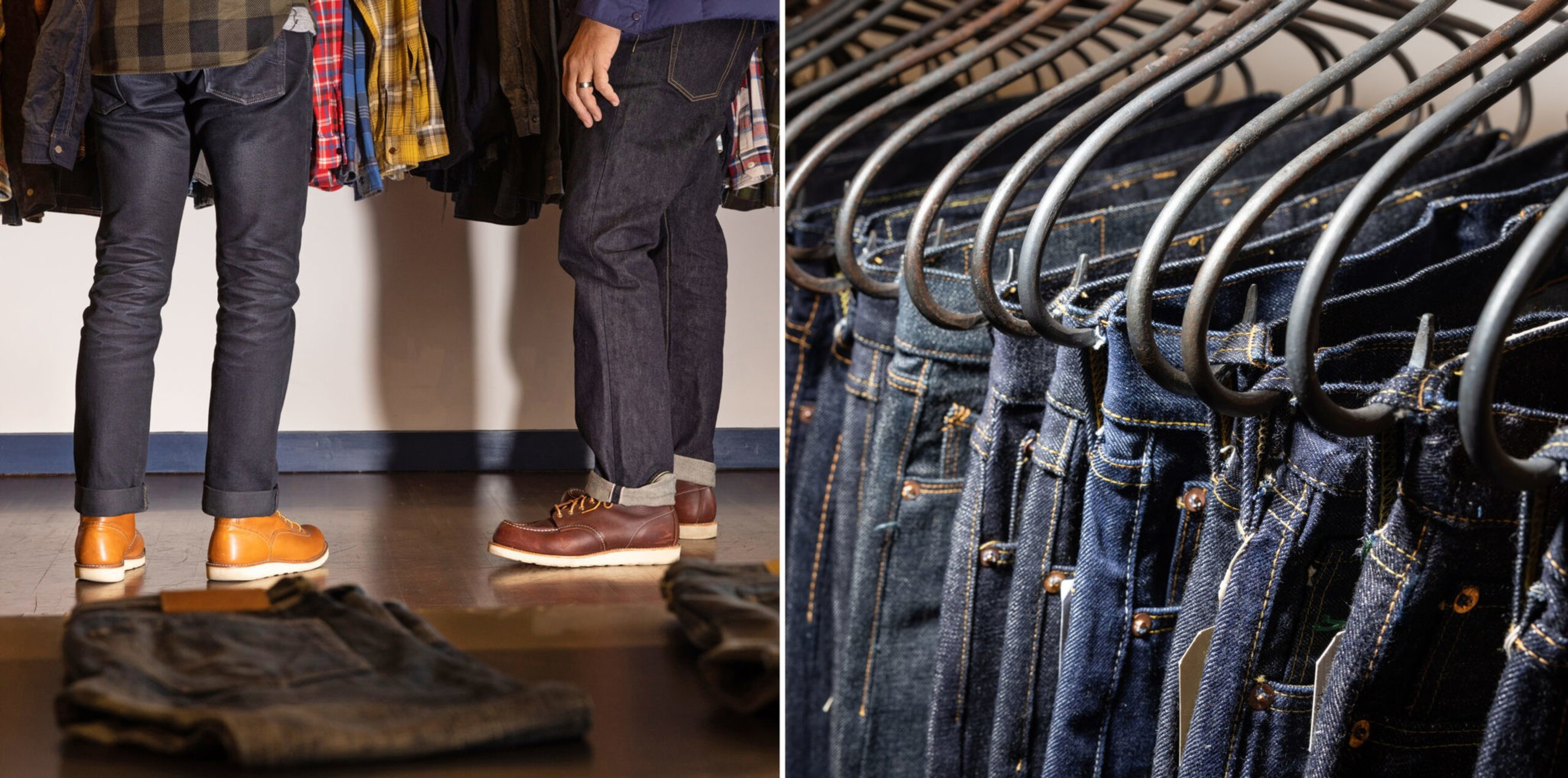 Two people wearing rolled-up jeans and boots stand near folded jeans on the floor; pairs of dark denim jeans hang on hangers in a closet.