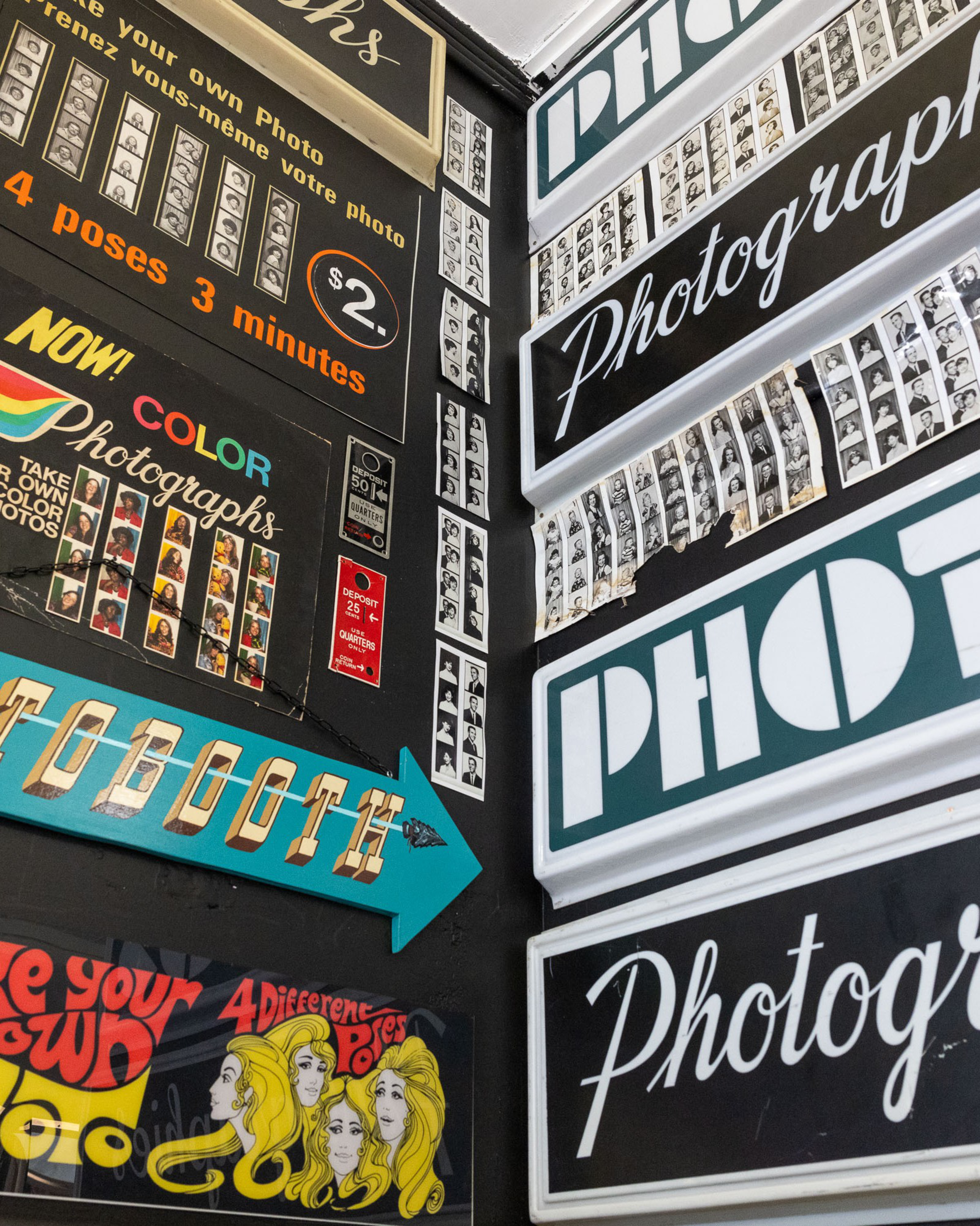 The image shows a collage of vintage signs and photo booth strips. Dollar amounts and phrases like &quot;COLOR Photographs,&quot; &quot;Now!,&quot; and &quot;4 poses 3 minutes&quot; are visible. Colorful arrow and retro designs are also present.