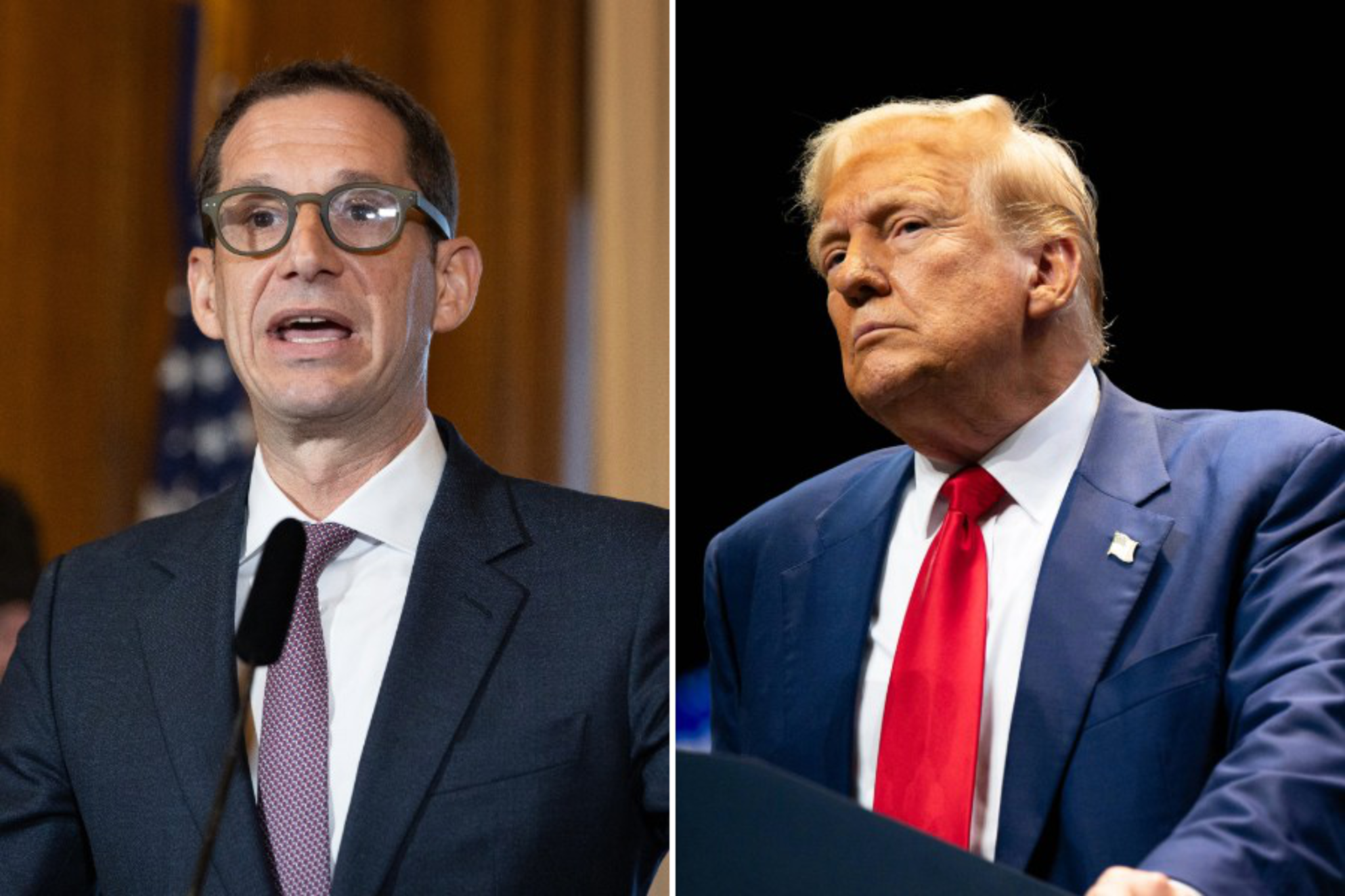 In a composite photo, Mayor Daniel Lurie wears glasses and speaks at a podium on the left, while Donald Trump looks out from behind a podium on the right.