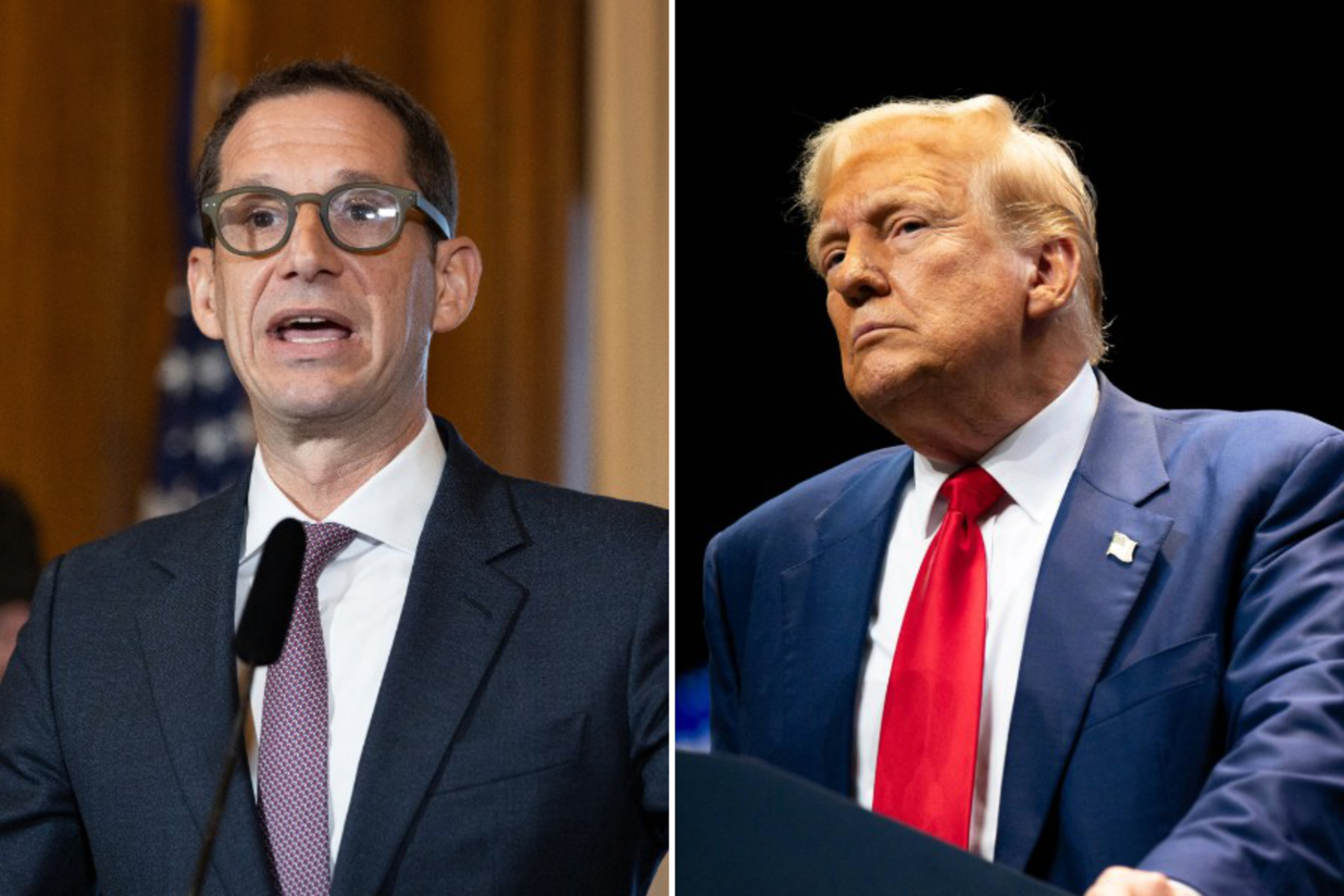 In a composite photo, Mayor Daniel Lurie wears glasses and speaks at a podium on the left, while Donald Trump looks out from behind a podium on the right.