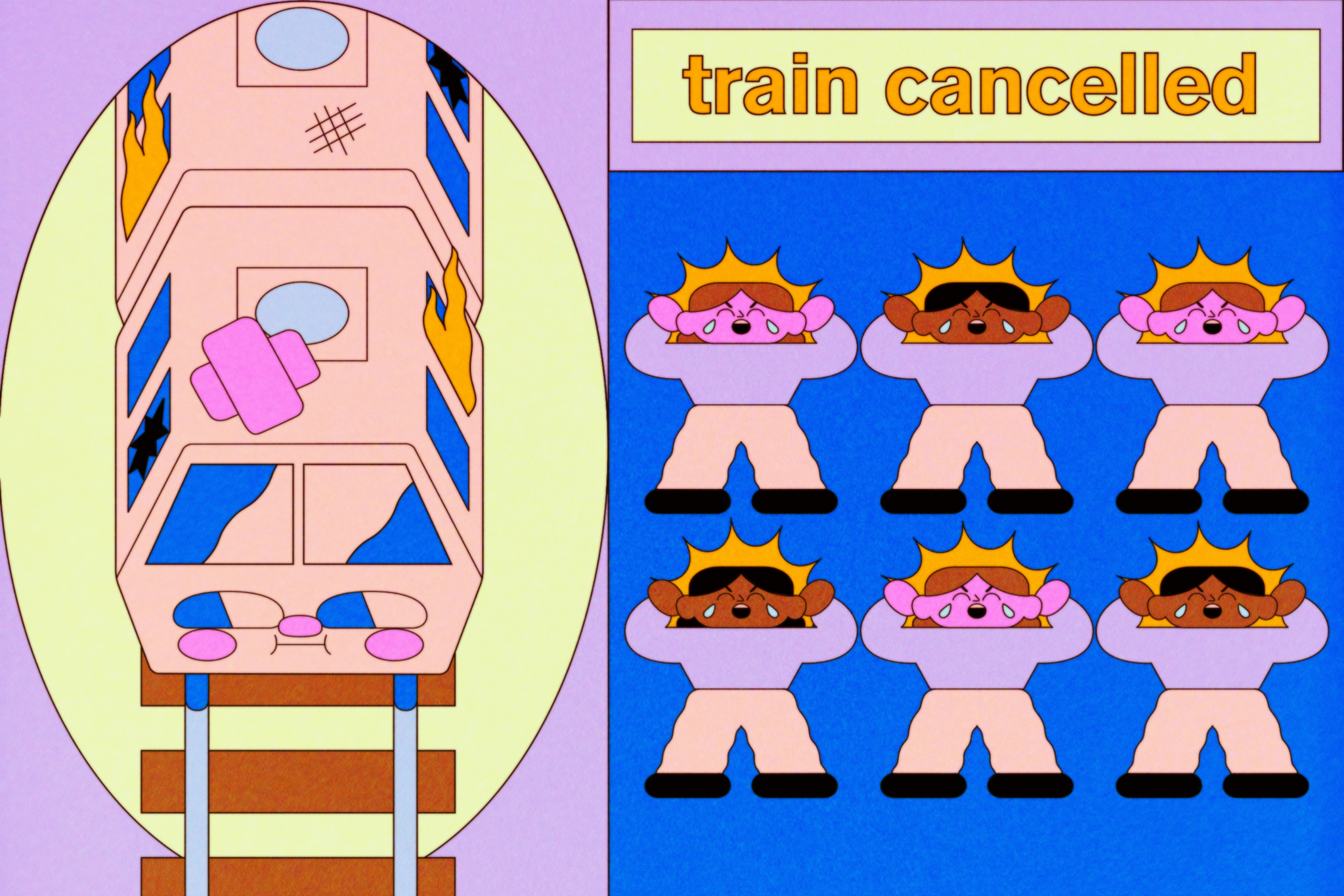 A damaged train is shown with flames and a bandage, alongside six distressed people, under the sign "train cancelled."