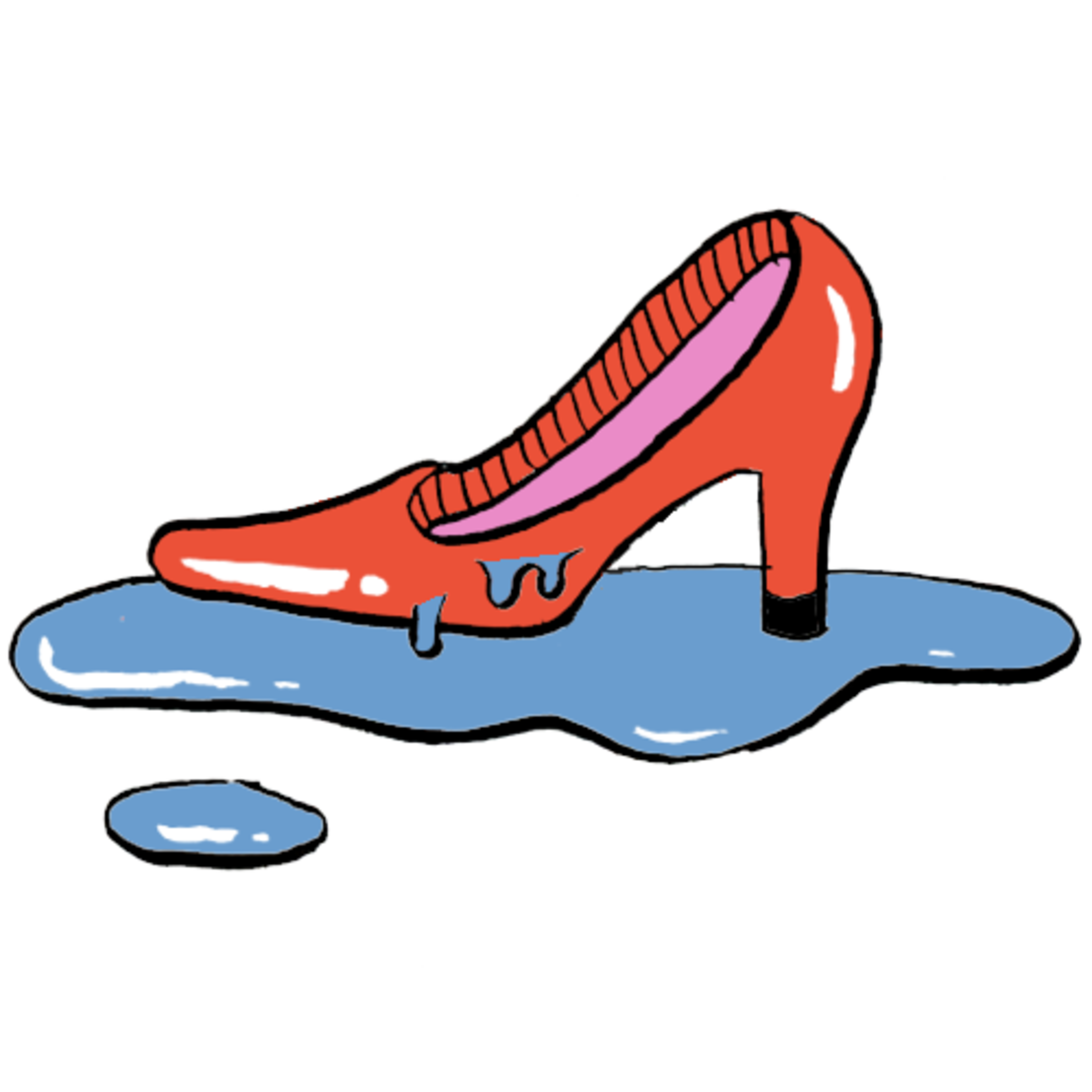 A red high heel shoe is melting and dripping onto a blue puddle beneath it.