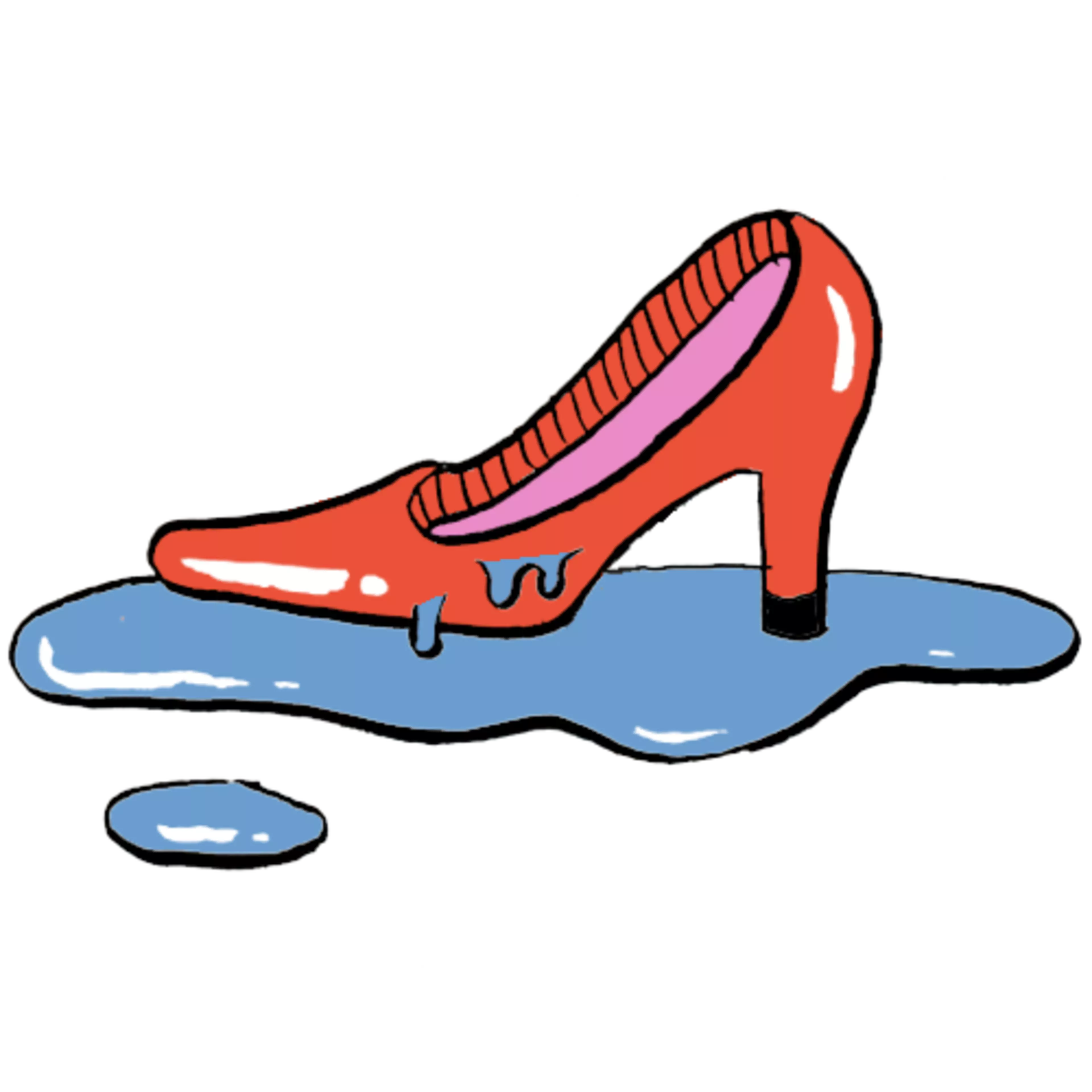 A red high heel shoe is melting and dripping onto a blue puddle beneath it.