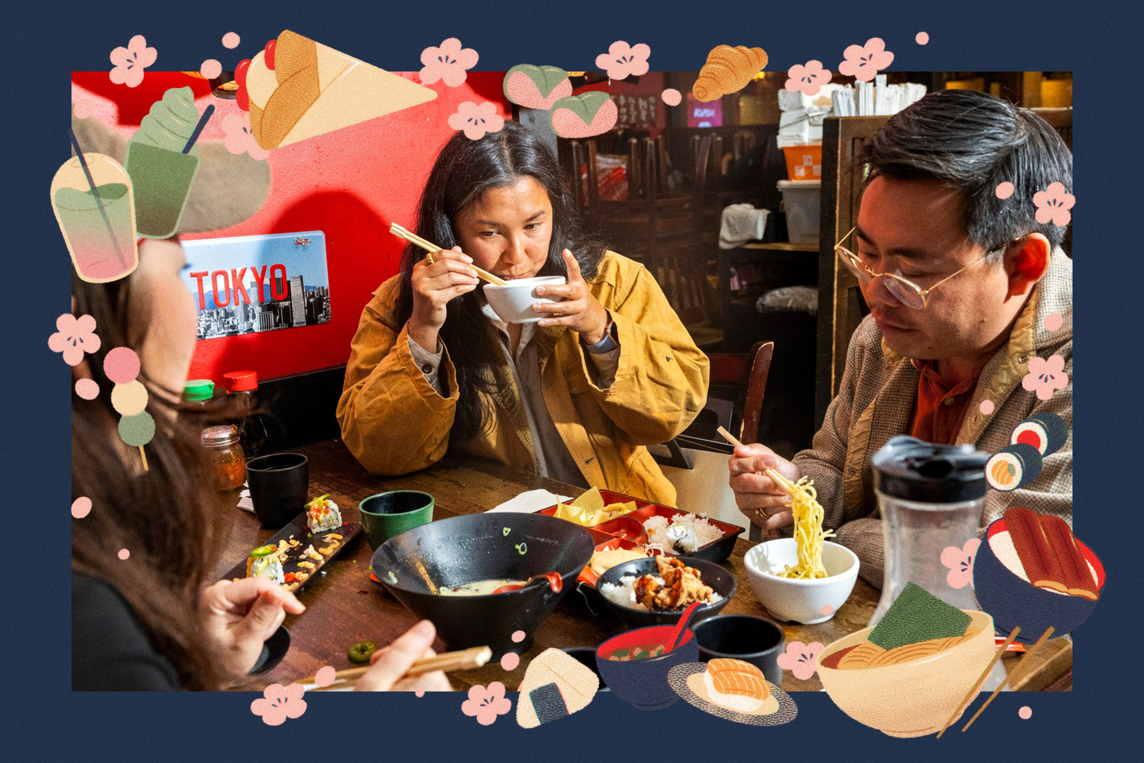 Three people sit at a wooden table eating Asian food, including sushi and noodles, surrounded by illustrations of various Japanese dishes and drinks.