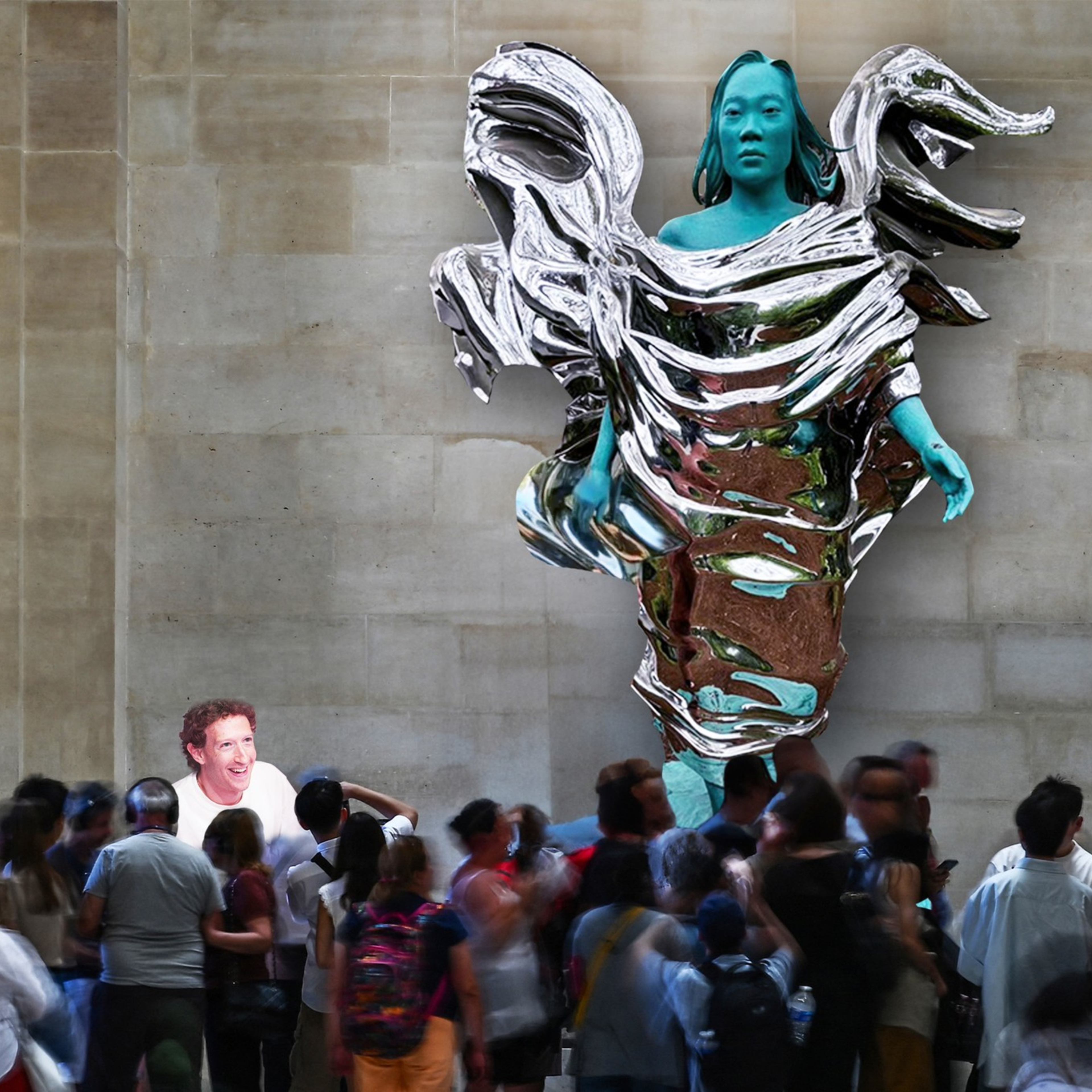People crowd at the food of a giant chrome and green statue.