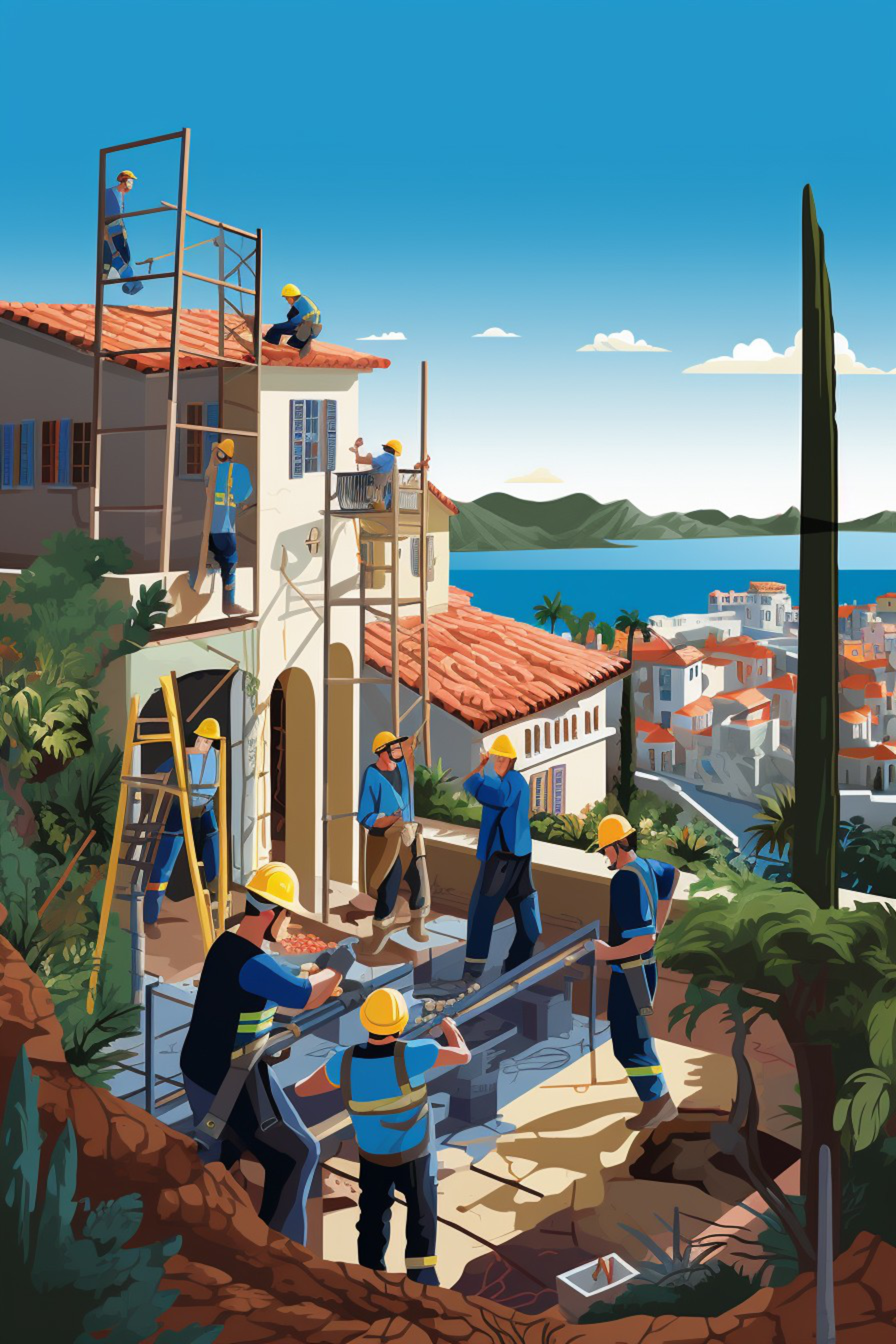 Several construction workers wearing yellow helmets work on scaffolding and the ground around a Mediterranean-style house with terracotta roofs, near a coastal town.