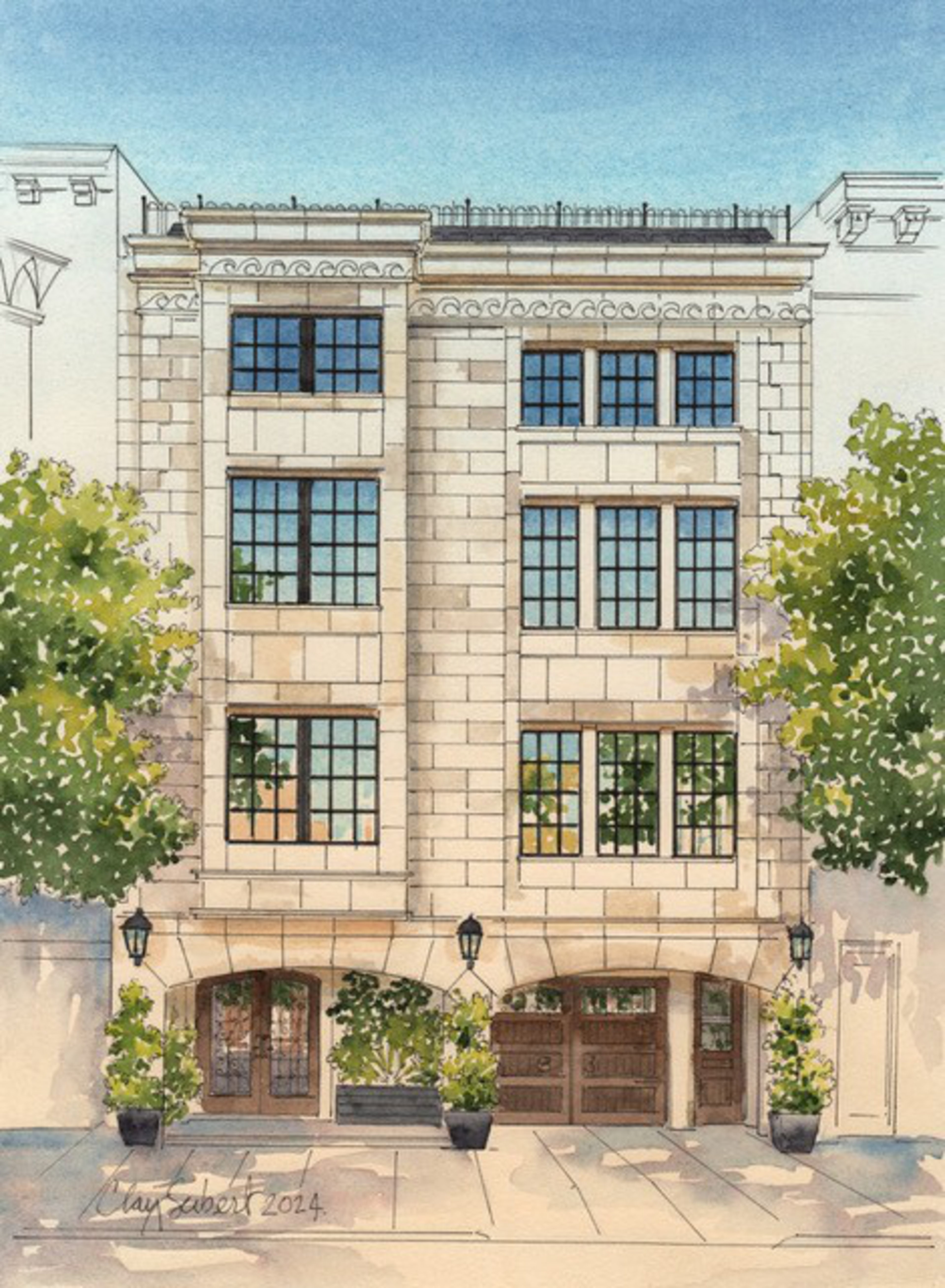 A three-story stone building with large grid windows, three arched wooden doors at street level, potted plants, and trees on either side against a clear sky.