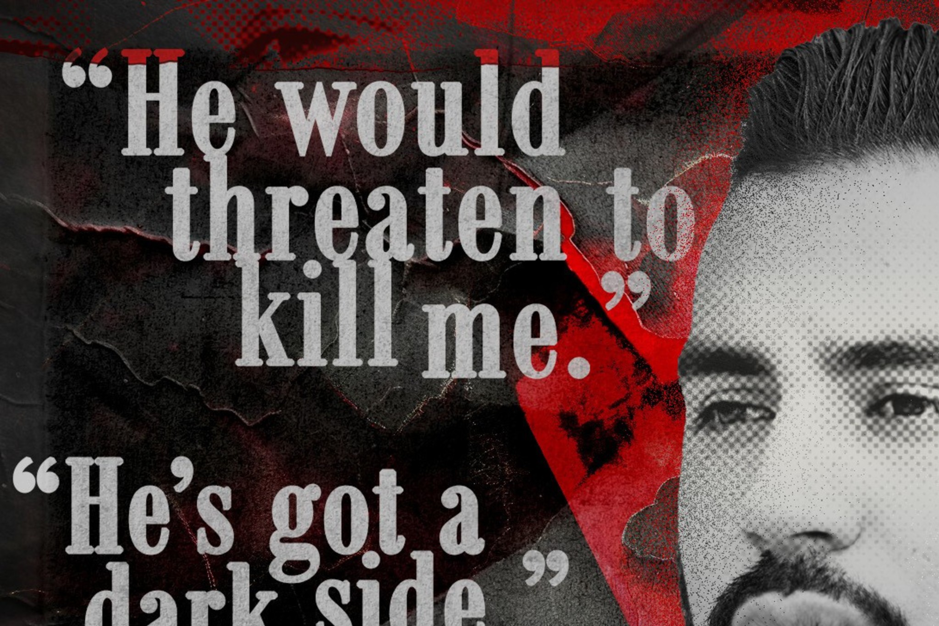 A man's face, with ominous quotes and silhouettes of people, suggests a theme of threat and fear.