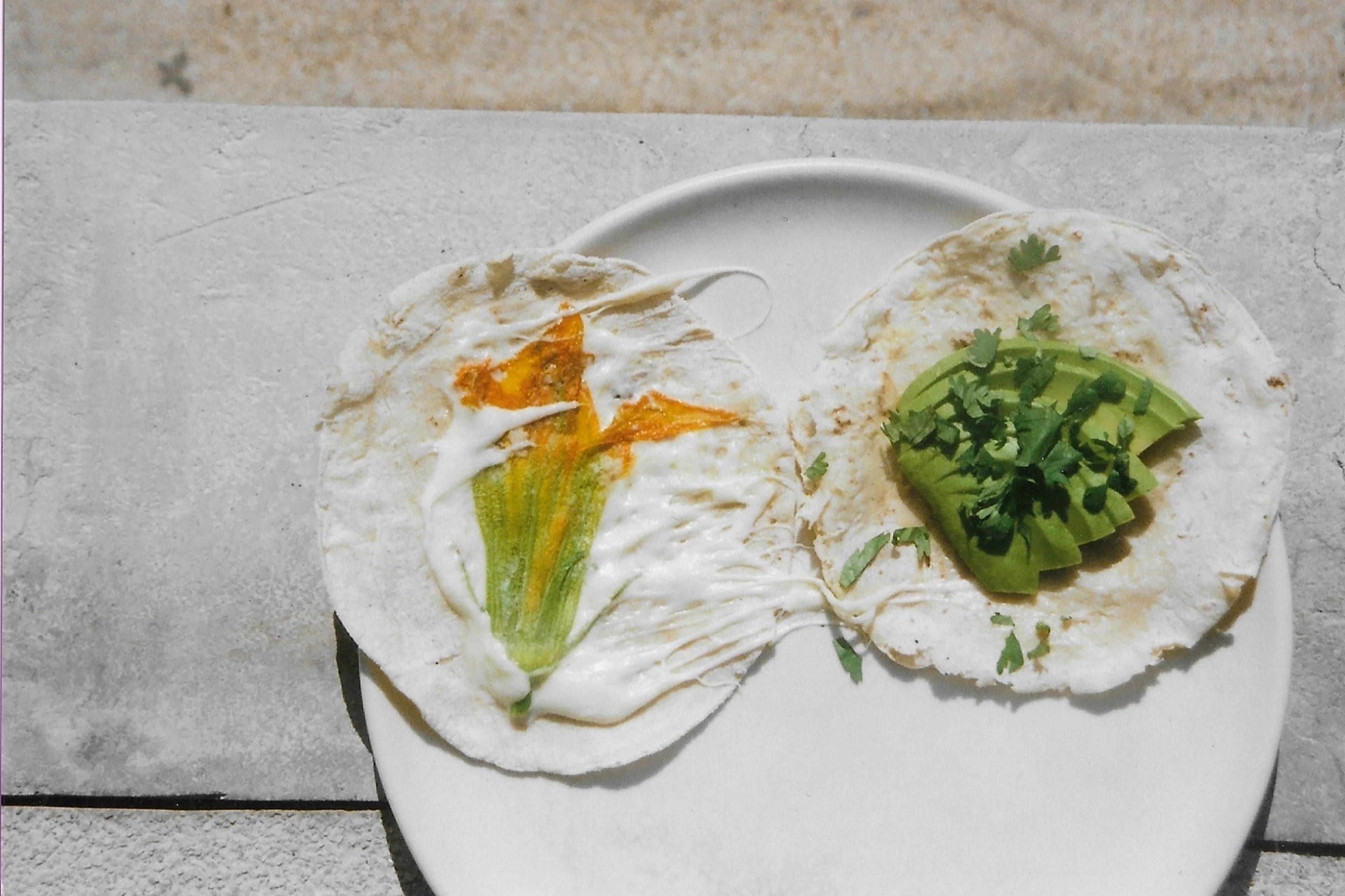 Two small tortillas on a white plate, one with a squash blossom and cream, the other with sliced avocado and chopped cilantro.