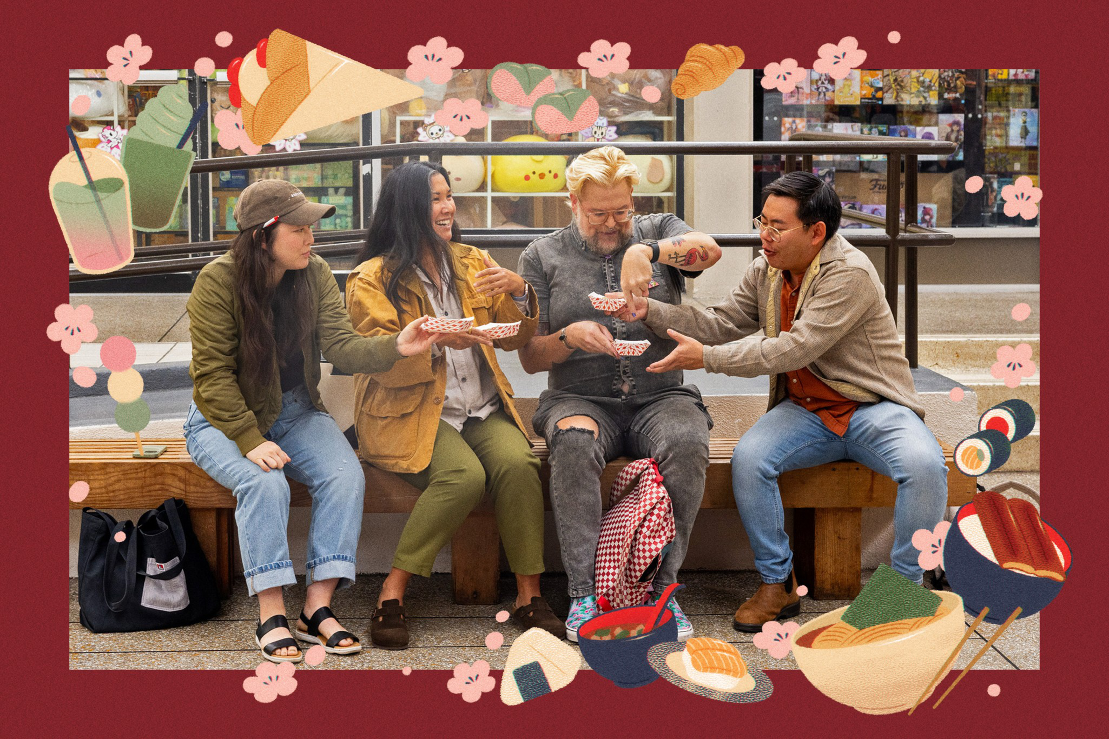 Four people sit on a bench sharing small bowls of food with smiles, framed by illustrations of various Asian dishes and drinks.